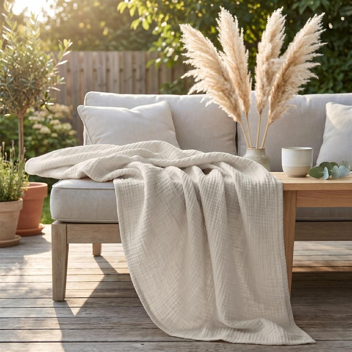 Musselin Decke 150 x 200 100% Baumwolle Kuscheldecke Tagesdecke Plaid, Carpe Sonno, OEKO-TEX Musselindecke für Sofa Couch Wohnzimmer Bett - Beige