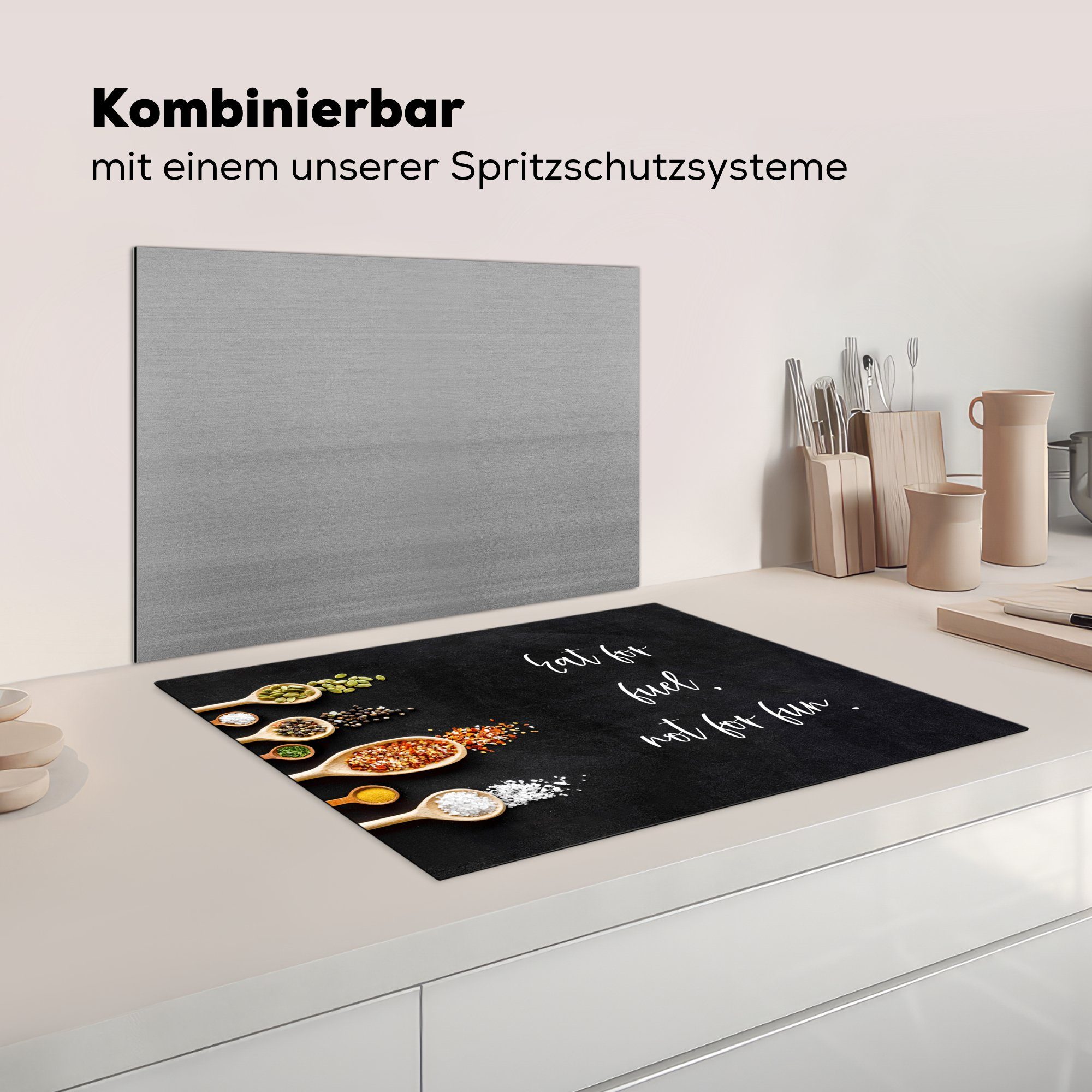 Kraftstoff. Spaß Arbeitsfläche MuchoWow Herdblende-/Abdeckplatte Vinyl, Nicht Sie als nutzbar, zum tlg), (1 Ceranfeldabdeckung 70x52 Mobile - cm, Essen -, Sprichwörter