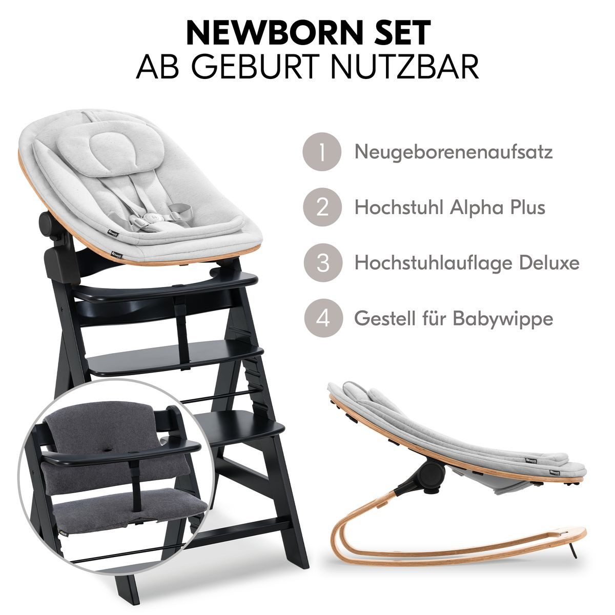 Hauck Hochstuhl Alpha Plus Black Newborn Set Eco - Light Grey (Set), Holz Babyhochstuhl ab Geburt inkl. Neugeborenenaufsatz & Sitzauflage