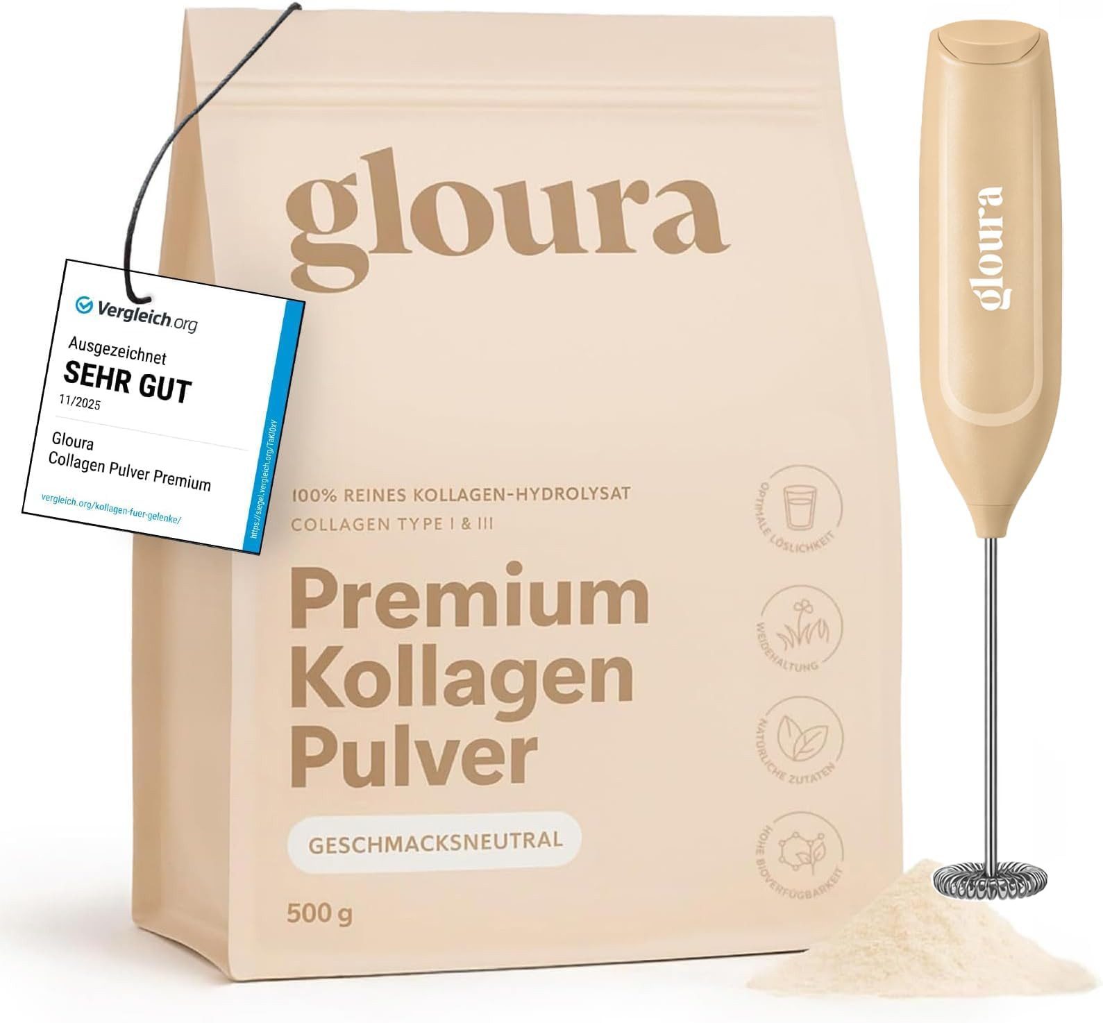 Gloura Gloura® Premium Kollagen Hydrolysat Pulver (Typ 1 & 3) + Getränkemixer Pulver, 1 er 500 g, Frei von Zusatzstoffen, geschmacksneutral, gut löslich