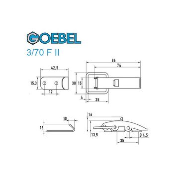 GOEBEL GmbH Kastenriegelschloss 5544502373, (100 x Spannverschluss mit Federsicherung 3/70F II Kappenschloss, 100-tlg., Kistenverschluss - Kofferverschluss - Hebel Verschluss), gerader Grundtplatte inkl. Gegenhaken Edelstahl A2 (V2A)
