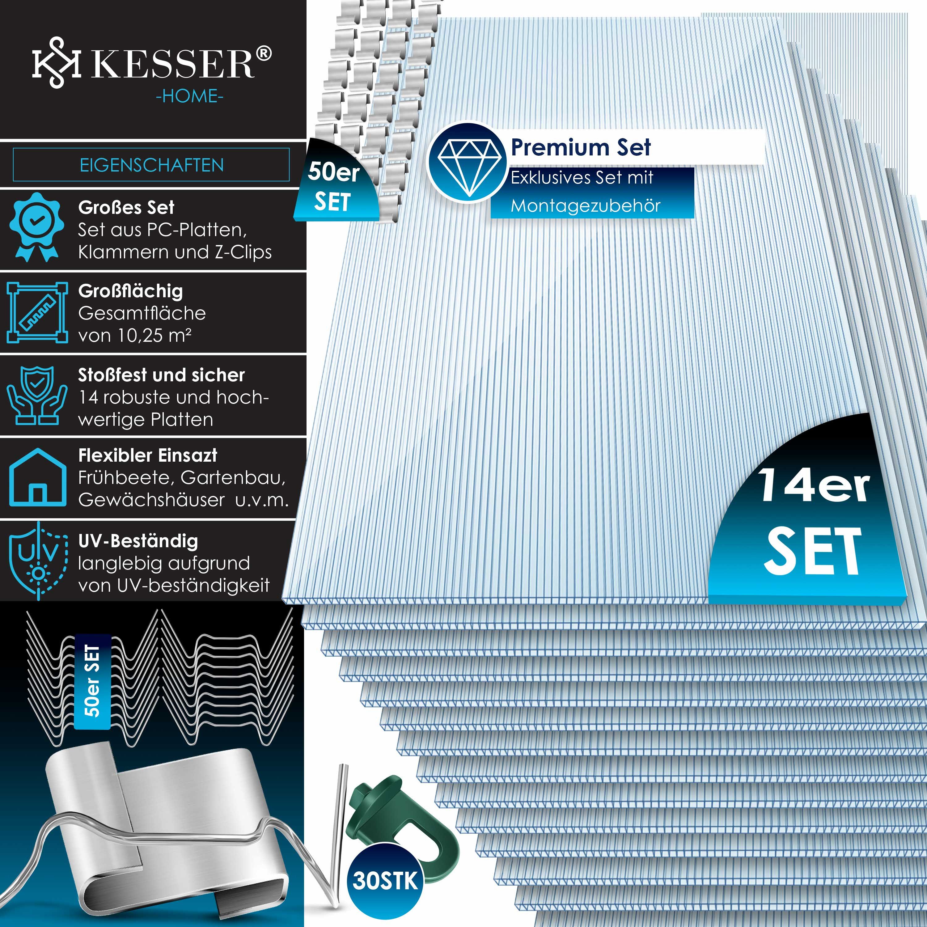 KESSER Hohlkammerplatte Doppelstegplatte aus Polycarbonat geeignet für Gewächshäuser, Carports, 4 mm, 10.25 m², (14-St), individuell zuschneidbar, Lichtdurchlässig und Witterungsbeständig