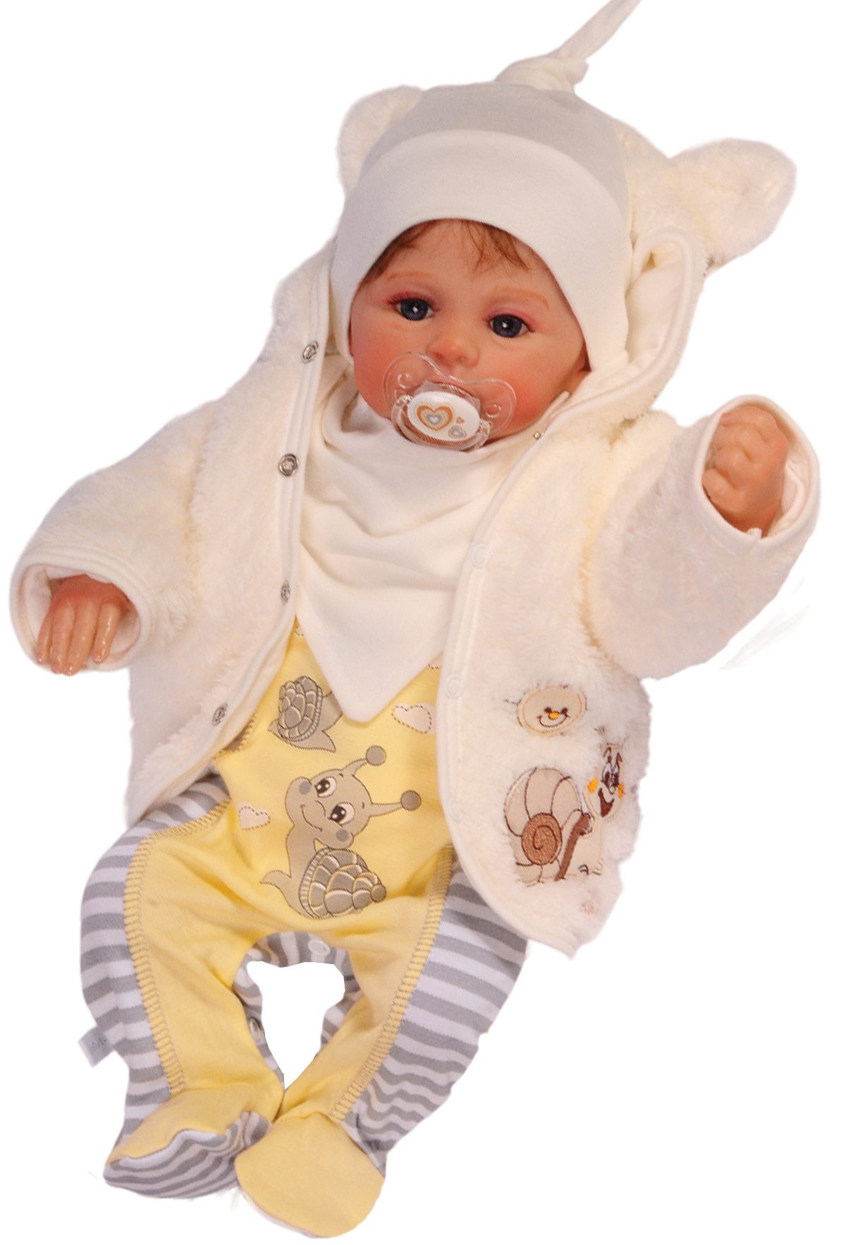 Strampler, Jäckchen & Mütze Stramplerhose Knotenmütze Shirt Jacke Lätzchen 5tlg Baby Set in Creme