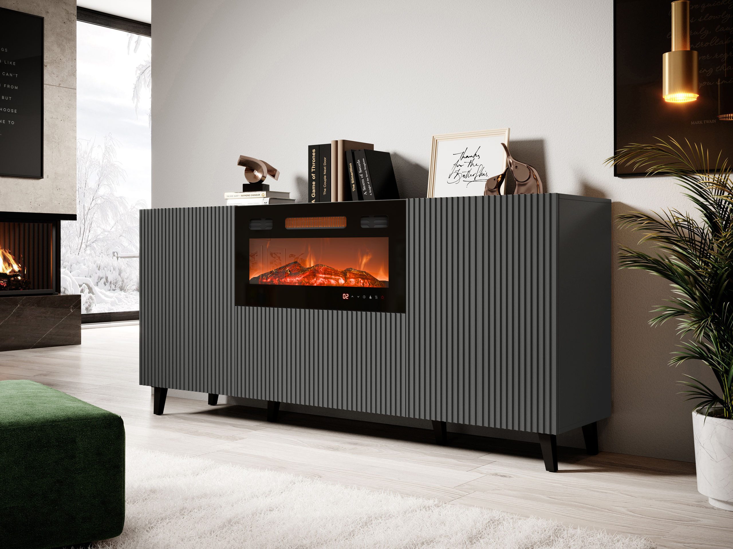 MIRJAN24 Kommode Vamos Grey 180 mit Kamin (mit 2 Türen und Klappe), Fronten gefräst, Realistische LED-Flamme – Bild 2 von 5