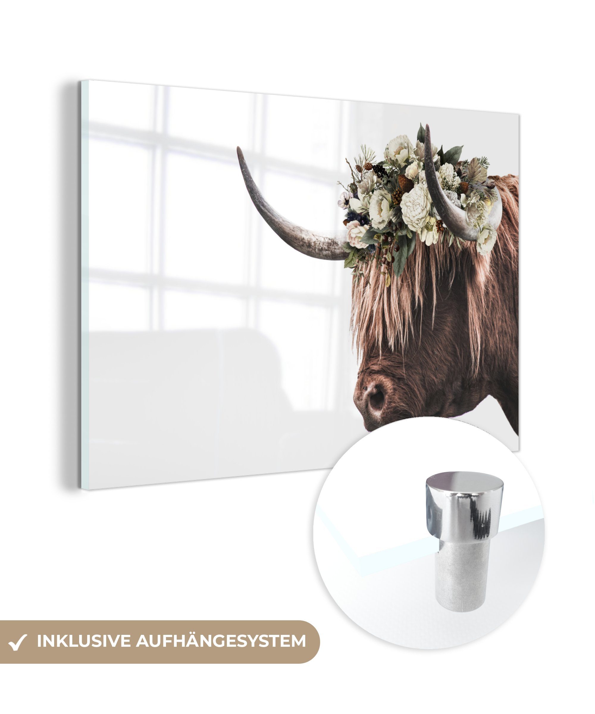 MuchoWow Acrylglasbild Schottischer Highlander - Kuh - Blumen, (1 St), Glasbilder - Bilder auf Glas Wandbild - Foto auf Glas - Wanddekoration