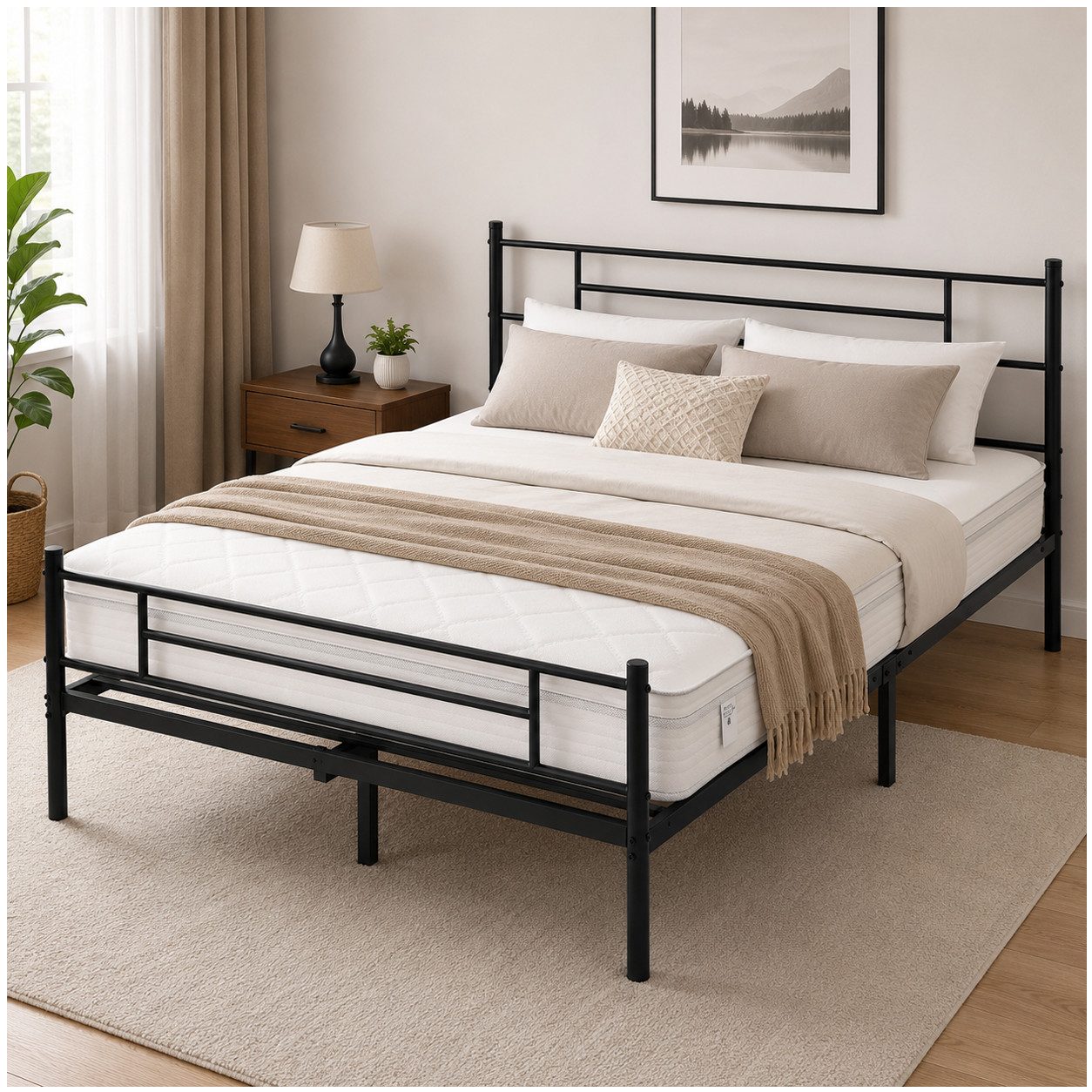 PFCTART Metallbett Bett 140x200 mit Taschenfederkernmatratze H4, Metallbett Schwarz (Set, 2-tlg., Industrie Design, Lattenrost inklusive, OEKO-TEX, Gel-Memory-Schaum), 25 cm Federkernmatratze, geräuschlos, Anti-Rutsch, 360kg Belastbarkeit