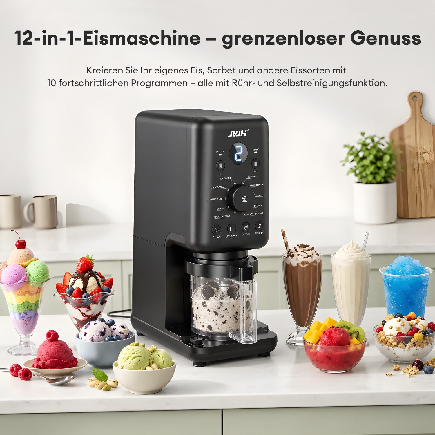 JVJH Eismaschine für Zuhause,10 Programme,2L,Gefrierbehälter 650 ml*3,Selbstreinigung, 2 l, 800 W, Spülmaschinengeeignete Teile,für Frozen Joghurt, Sorbet und Eiscreme
