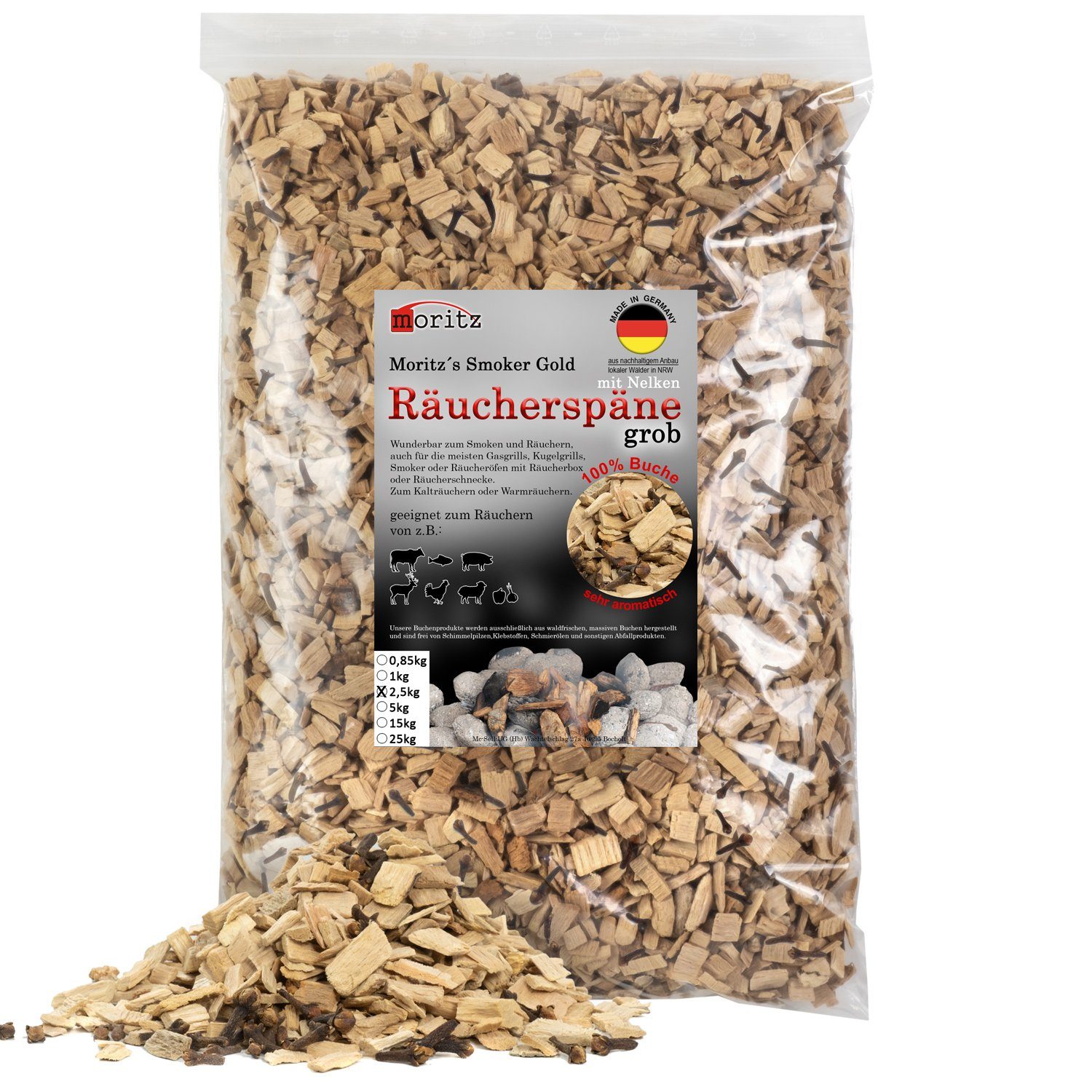 Moritz Räucherbox 2,5kg Räucherspäne Buche mit Nelke grob 6 -12 mm Räucher Mehl Späne für Schnecke Sparbrand Spirale Fisch Fleisch