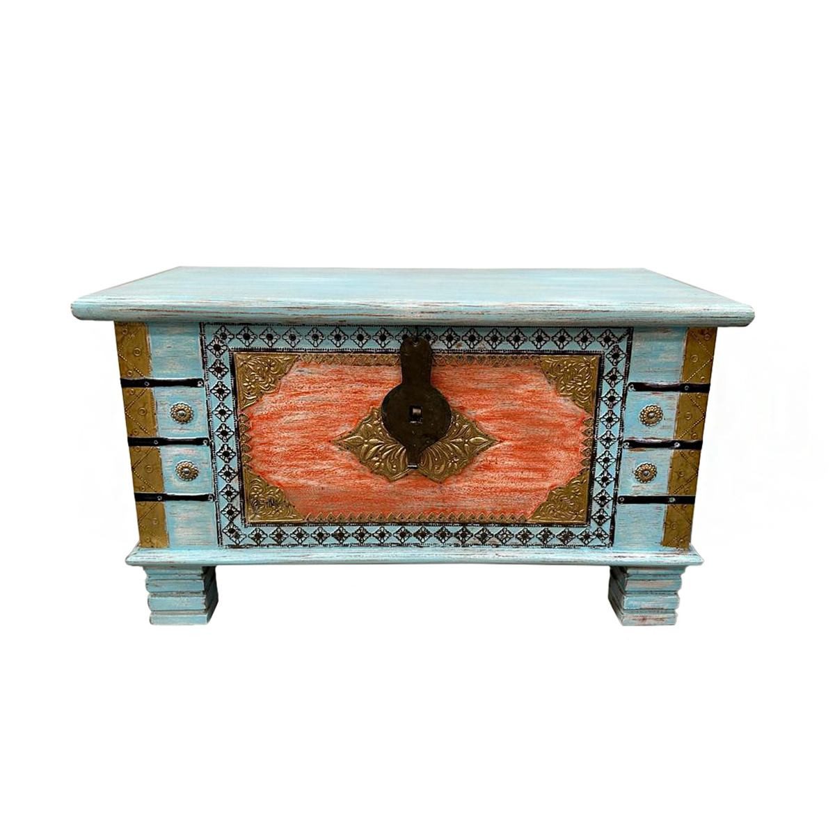 Oriental Galerie Truhe Indische Truhe Hellblau Orange 80 cm (1 St), Beistelltisch, Holztruhe, Antik, Wäschetruhe, Möbeltruhe, Holzkiste