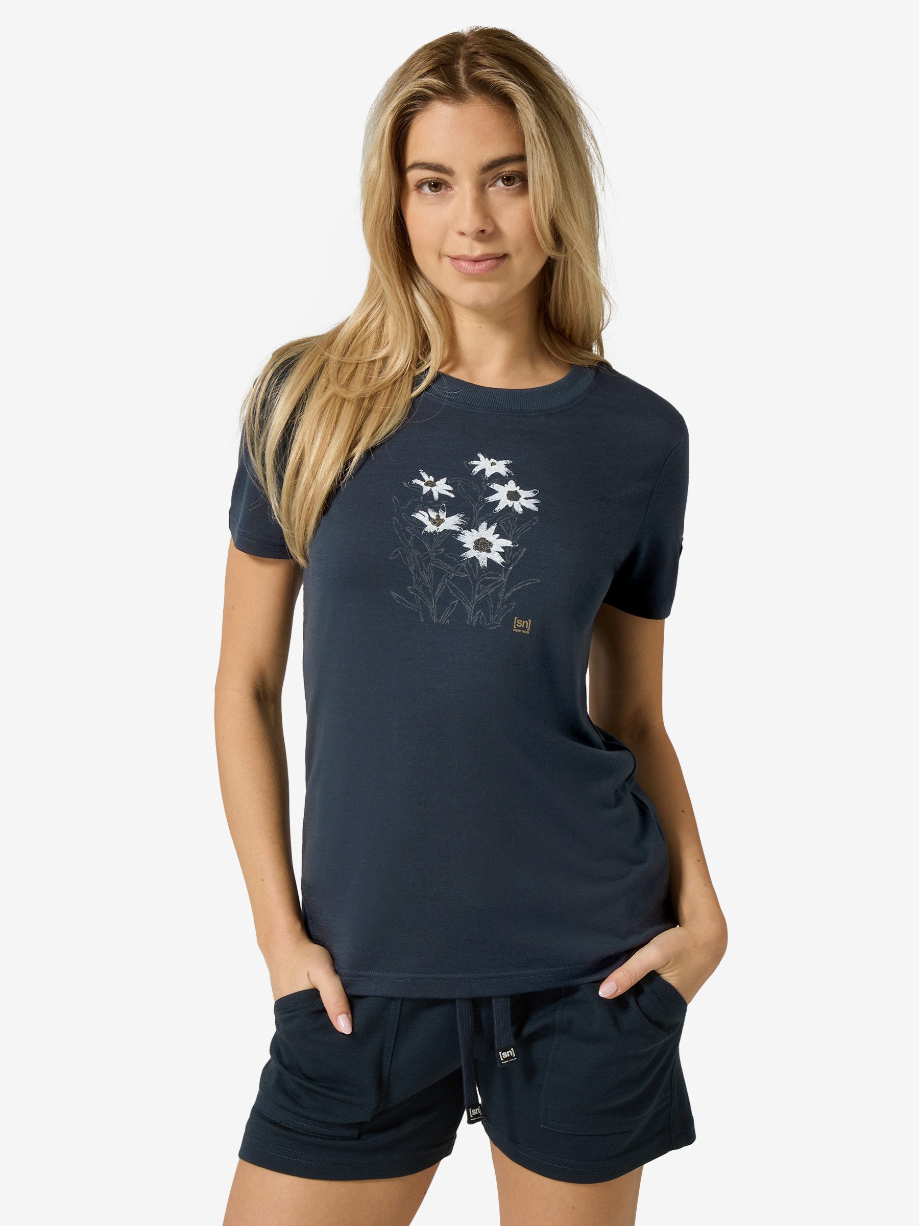 SUPER.NATURAL T-Shirt für Damen,nachhaltig, Merino mit Blumen-Motiv, atmungsaktiv