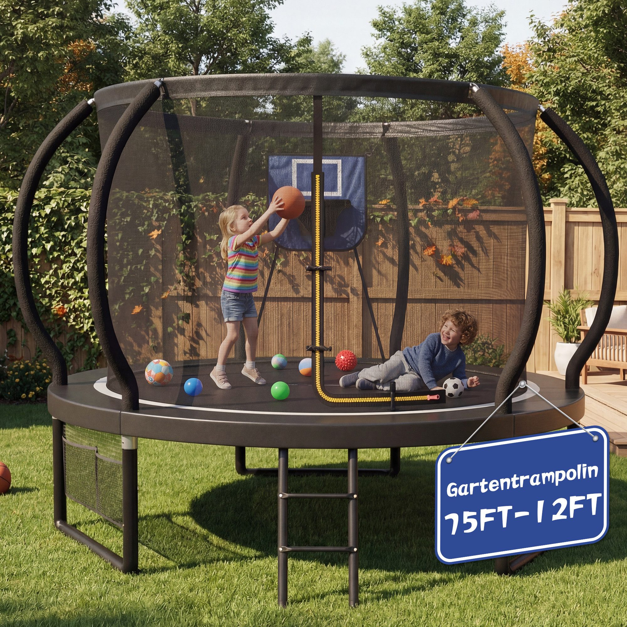 GUNJI Gartentrampolin Basketballkorb-Trampolin, Durchmesser 228/305 cm, Kindertrampolin, Ø 228 cm, (Enthält Leiter, Sicherheitsnetz, Schuhnetz, 360°-Schutzgitter und Fallschutzmatte, mit einer Tragkraft von 150 kg)