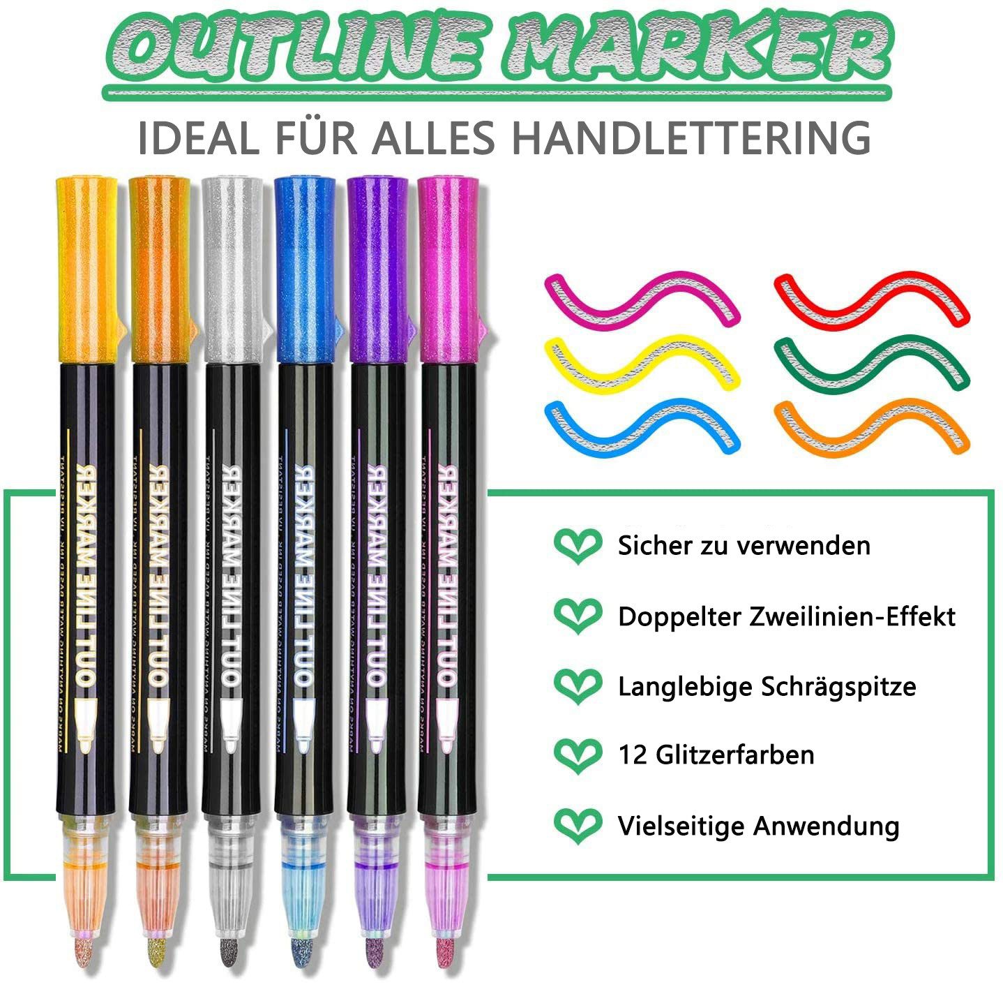 FOUORTUNATE-BEE Filzstift 12 Filzstifte Outline Stifte Glitzerstifte Magische Stifte, (12-tlg)
