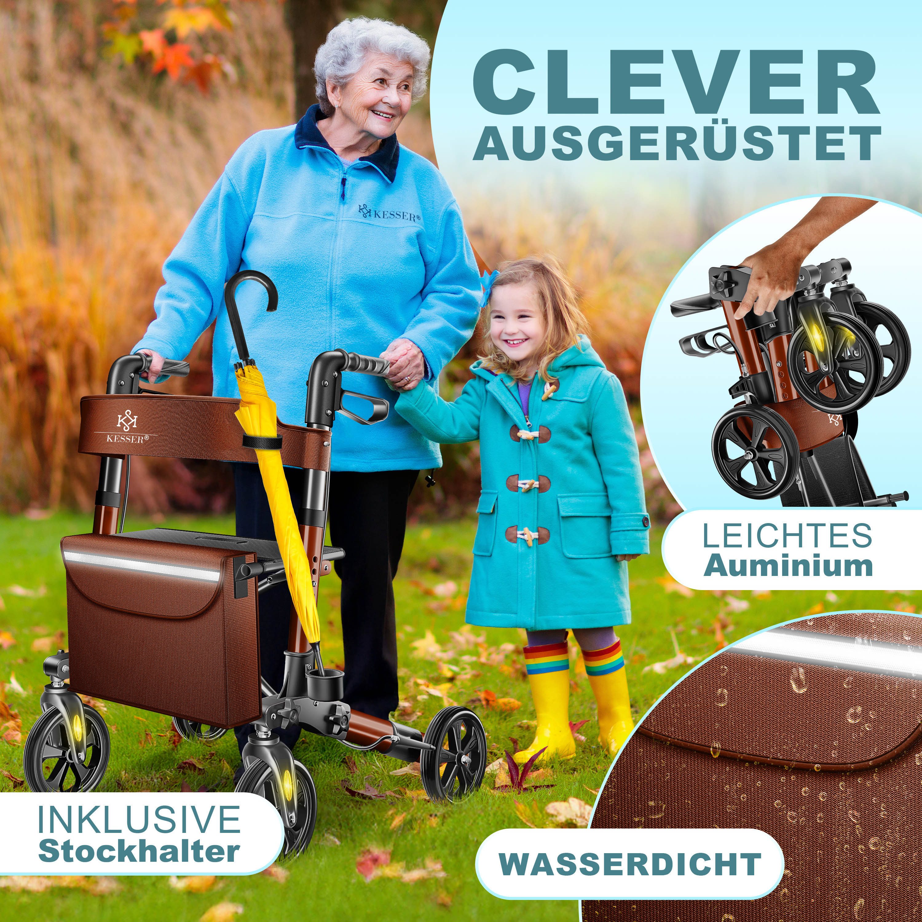 KESSER Rollator Aluminium – faltbar, höhenverstellbar & bis 136 kg belastbar, wetterbeständig, Tasche, Stockhalter, Reflektoren, 360° Gelände Reifen