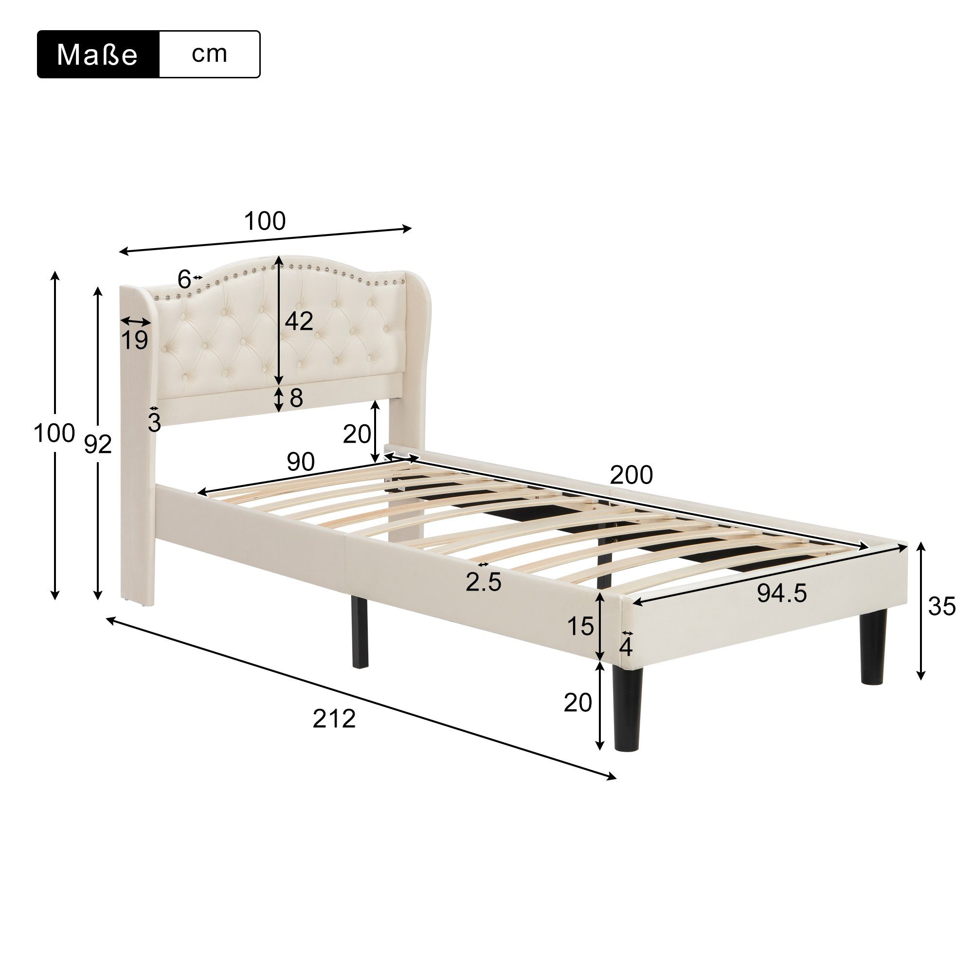 mit Holzplatten, und Kopfteil REDOM Polsterbett Ohne-Matratze), Knopf-Dekor samtigen Stilvolles (90x200 stabilen Soft-Polsterbett cm Beige