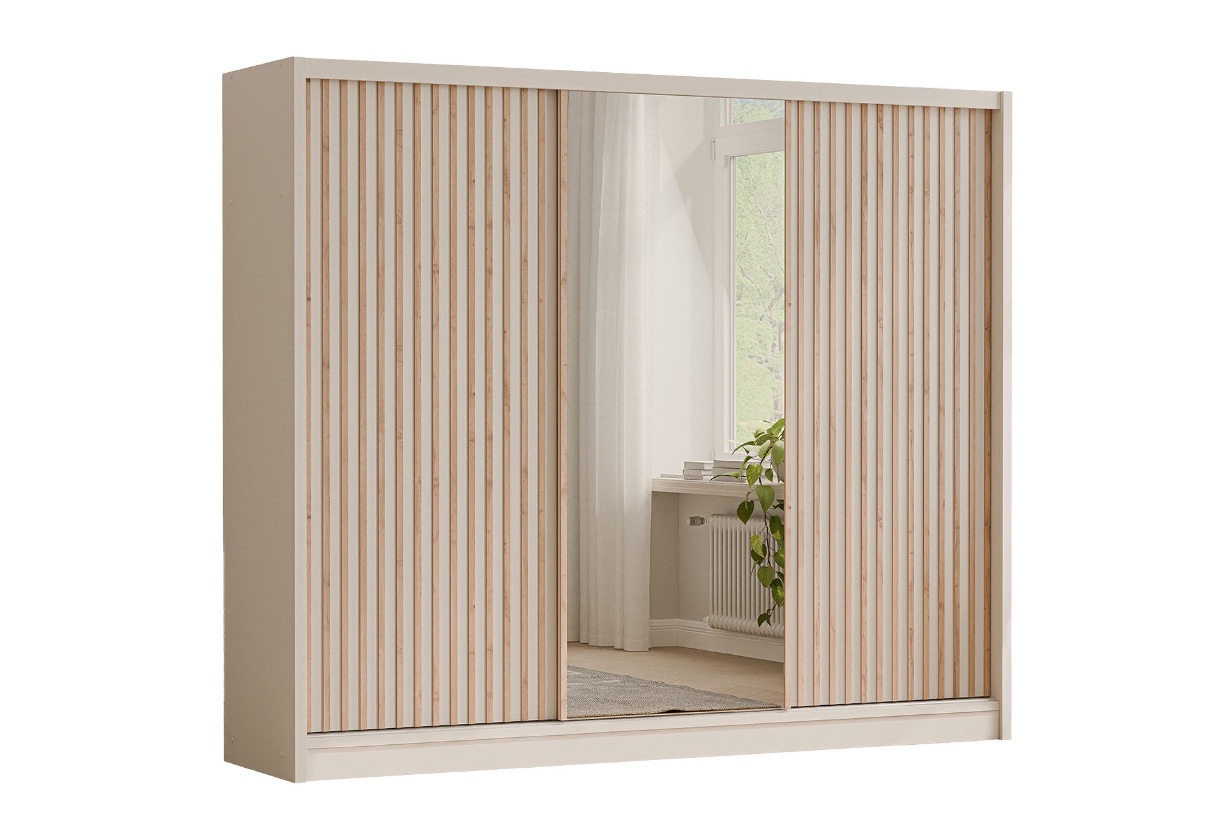 Deine Möbel 24 Schwebetürenschrank NEW YORK LUX Kleiderschrank mit Spiegel und Lamellen, 250 oder 203 cm (Set, 1-St., ideal für Schalfzimmer & Flur) in Kaschmir, modern, mit viel Stauraum
