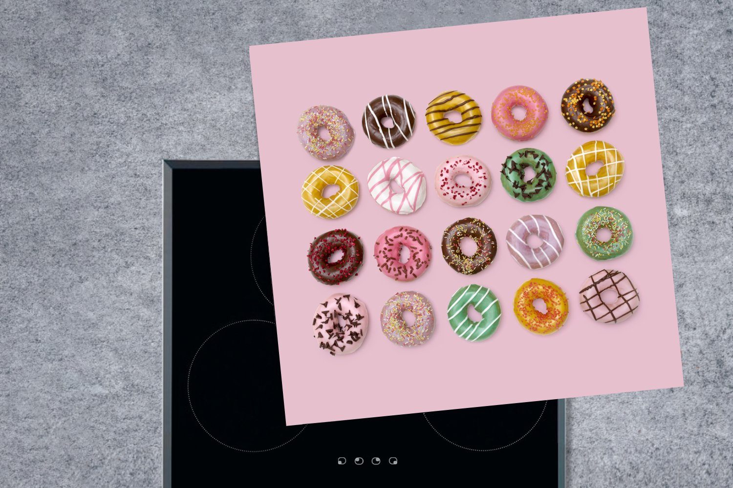 (1 Herdblende-/Abdeckplatte auf Donuts für Hintergrund, Vinyl, rosa cm, MuchoWow Ceranfeldabdeckung, tlg), Arbeitsplatte Bunte küche 78x78