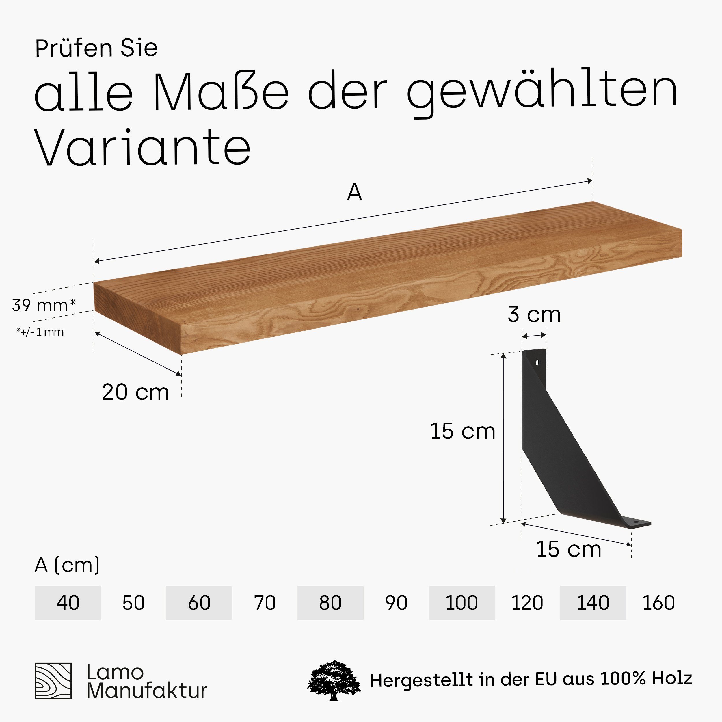 LAMO Manufaktur Vintage, Komplett-Set, stake Massivholzplatte Wandregal Rustikal 40mm