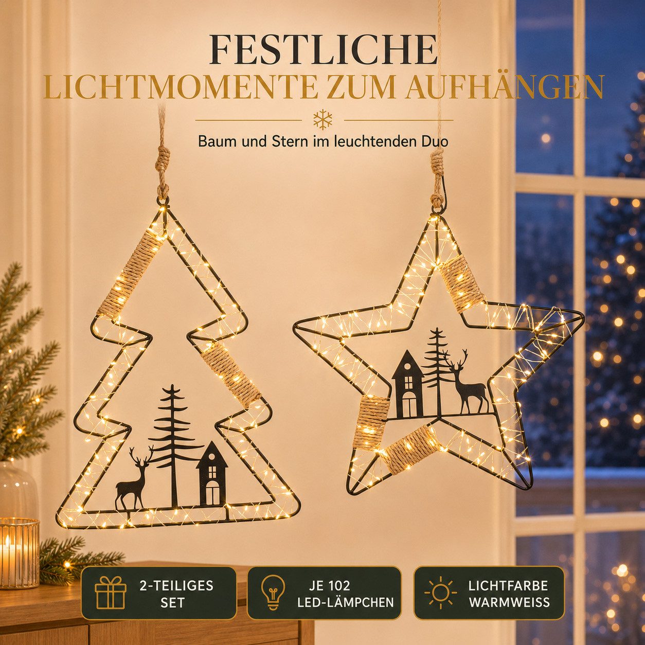 formano LED Dekolicht LED Weihnachtshänger 2er Set Baum & Stern, 41/36 cm je 102 LEDs, LED fest integriert – Bild 2 von 5
