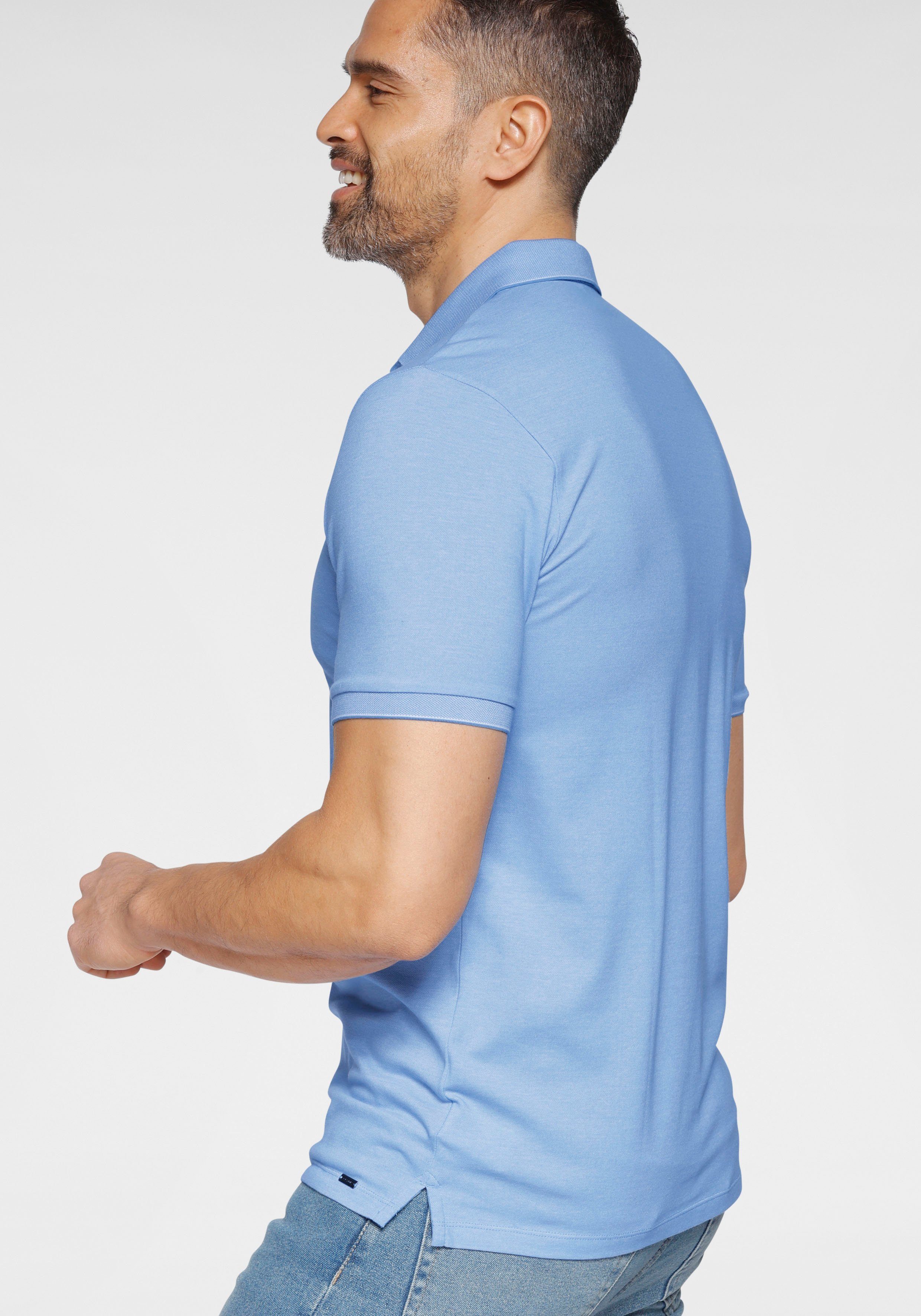 Level Baumwoll-Piqué hellblau-meliert Poloshirt OLYMP body fit aus Five