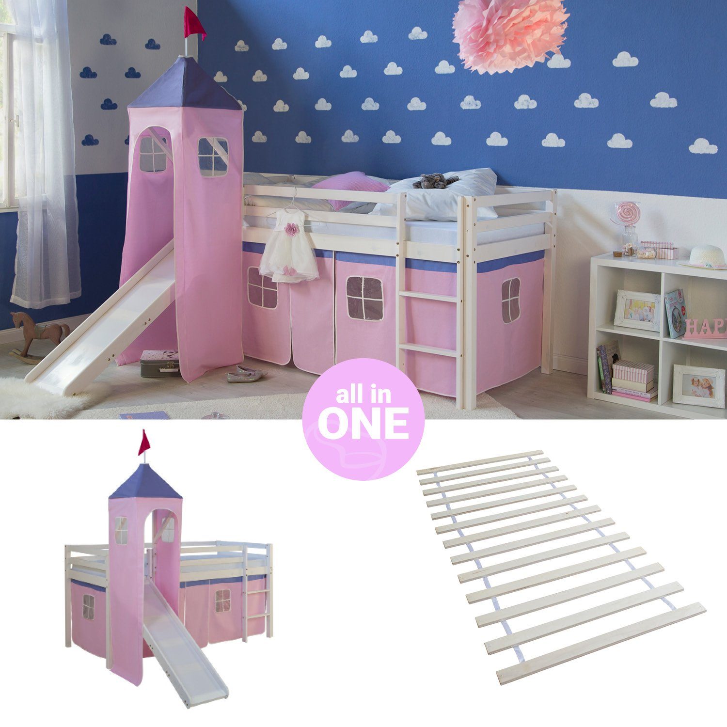 Homestyle4u Hochbett Kinderbett mit Leiter und Vorhang Weiß Rosa Holz Kiefer mit Lattenrost, Rutsche und Turm