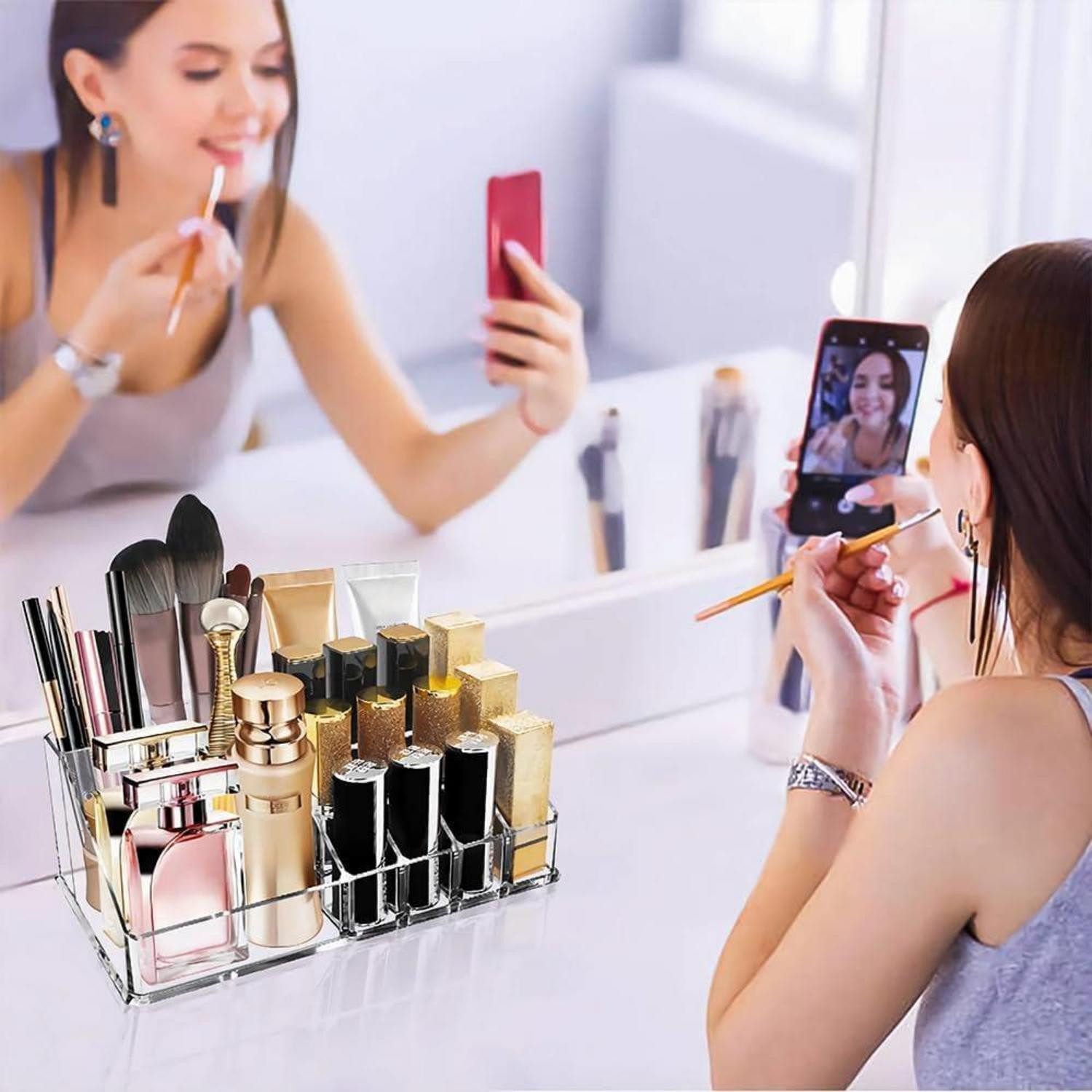 Ubitree Kosmetikkoffer Kosmetik Organizer Acryl Lippenstiftständer 16 Fächer Badezimmer