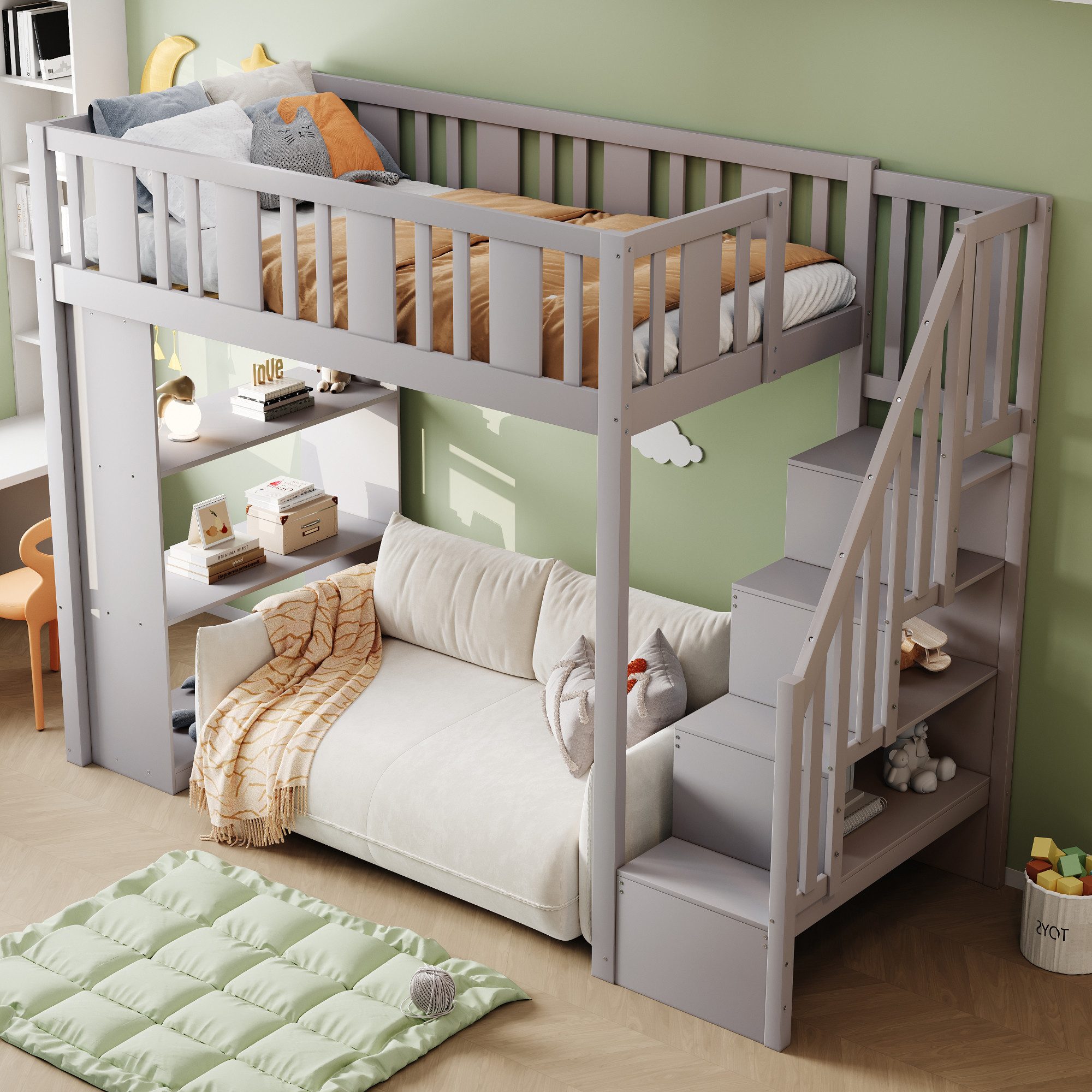 Odikalo Kinderbett Hochbett 90x200 Jugendbett Holzbett (Hochbett 90 x 200 cm, Kinderbett mit Stauraumtreppe, Hochbett mit mehreren großen Staufächern, Funktionsbett, Jugendbett, Holzbett, Grau / Weiß (ohne Matratze)