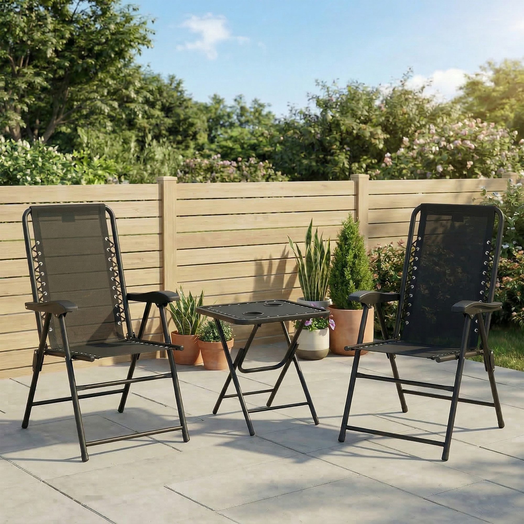 Outsunny Balkonset Bistrotisch und Gartenstühle, klappbar, Stahl, wetterfest, (Bistro Set, 3-tlg., Gartenmöbel Set), Schwarz