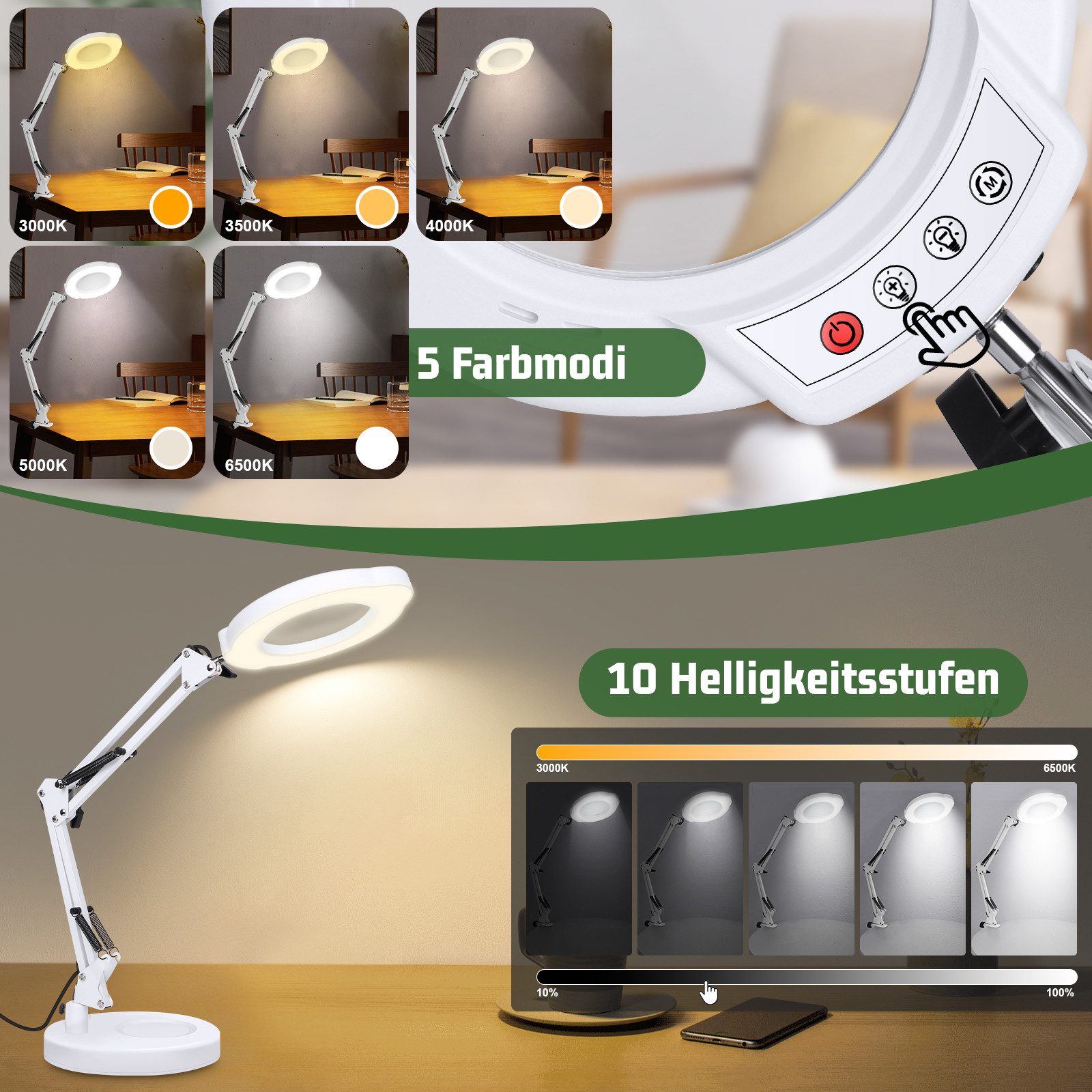 QUBEBU Lupenlampe Lupenleuchte 10X Lupenlampe Schreibtischlampe Lupe mit Li günstig online kaufen