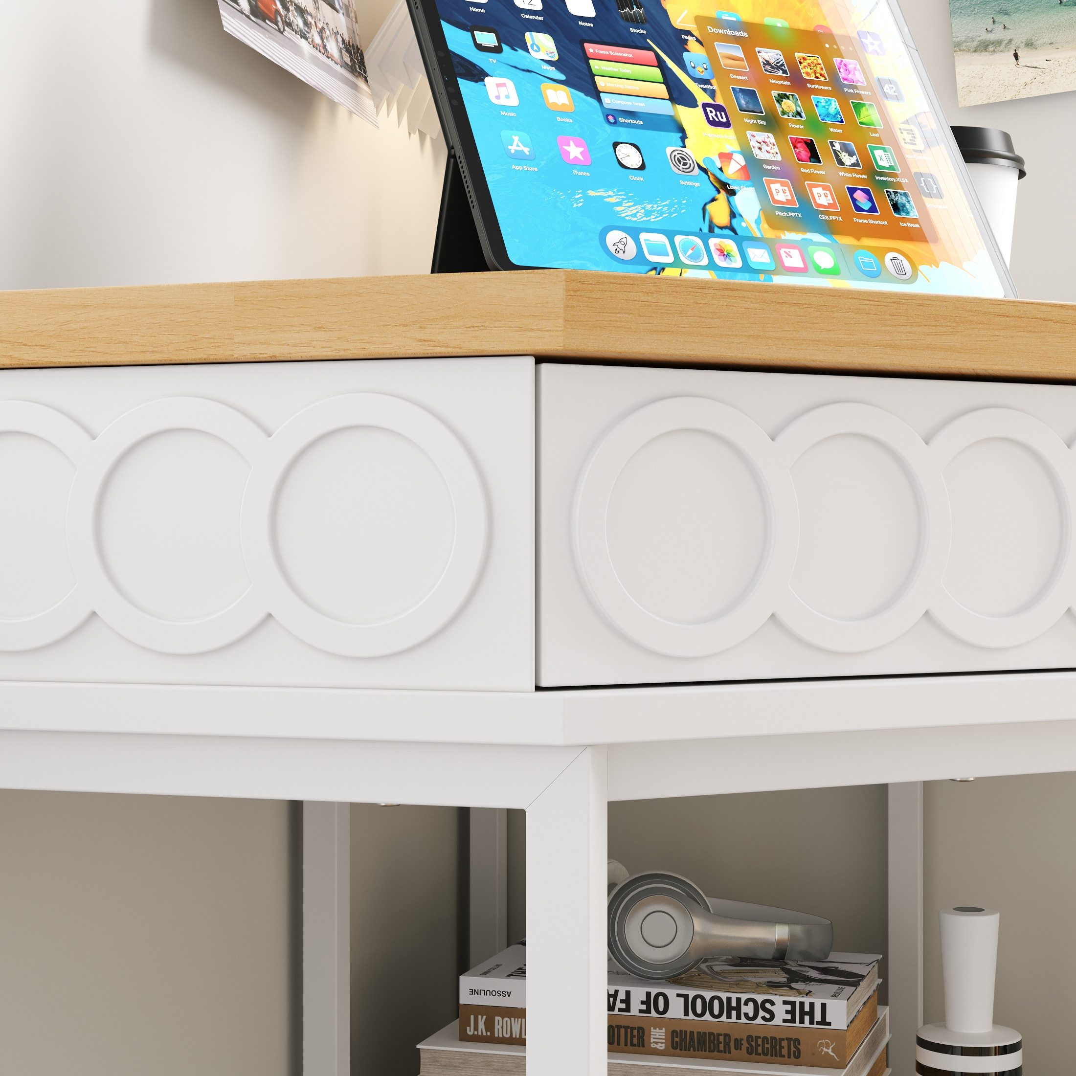 FUFU&GAGA Schreibtisch 80-160cm Computertisch Homeoffice, Weiß & Holz, LED – Bild 5 von 5