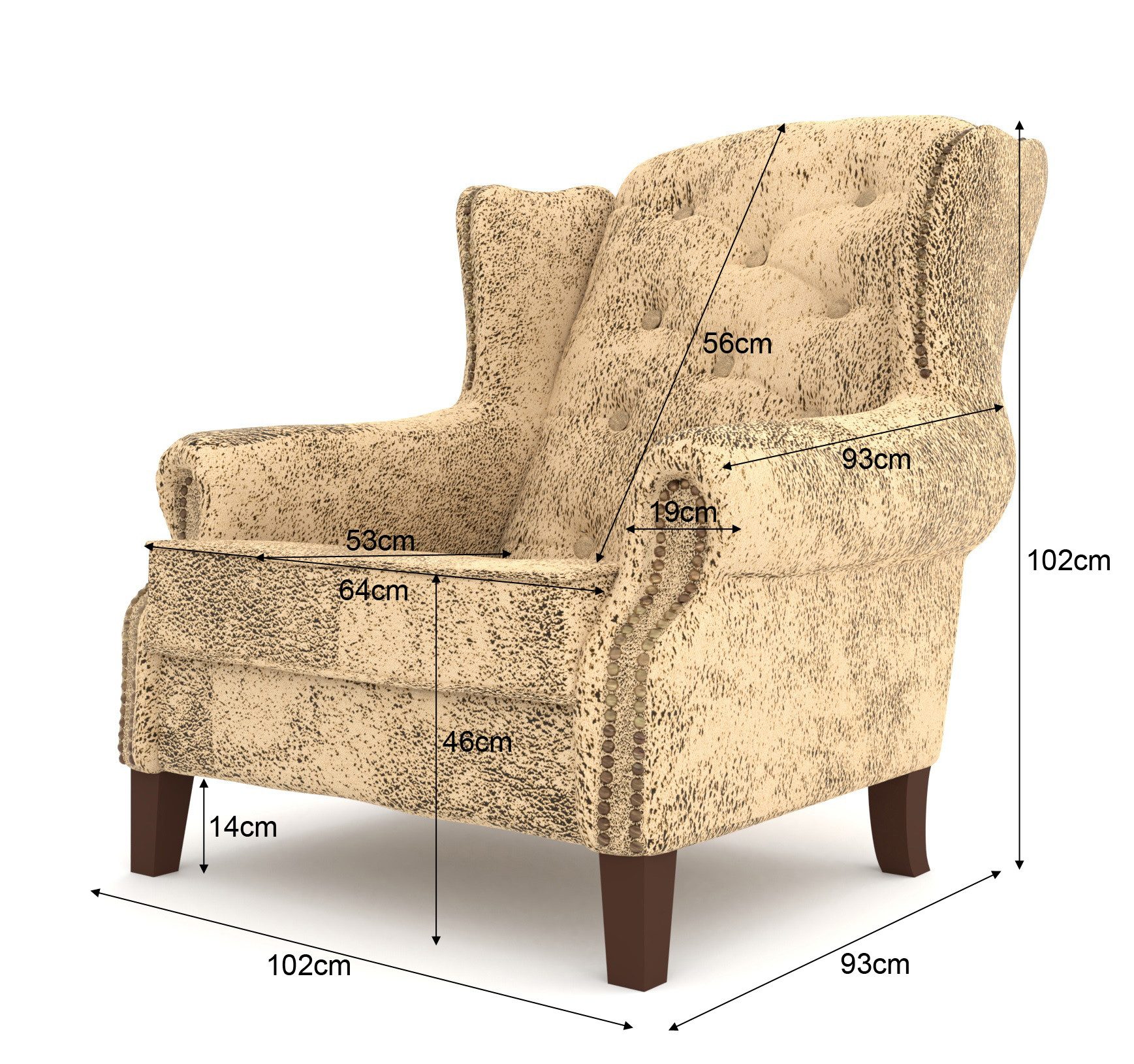 S-Style Möbel Ohrensessel Luzern, Chesterfield mit Steppung und Holzfüßen, mit Wellenfederung