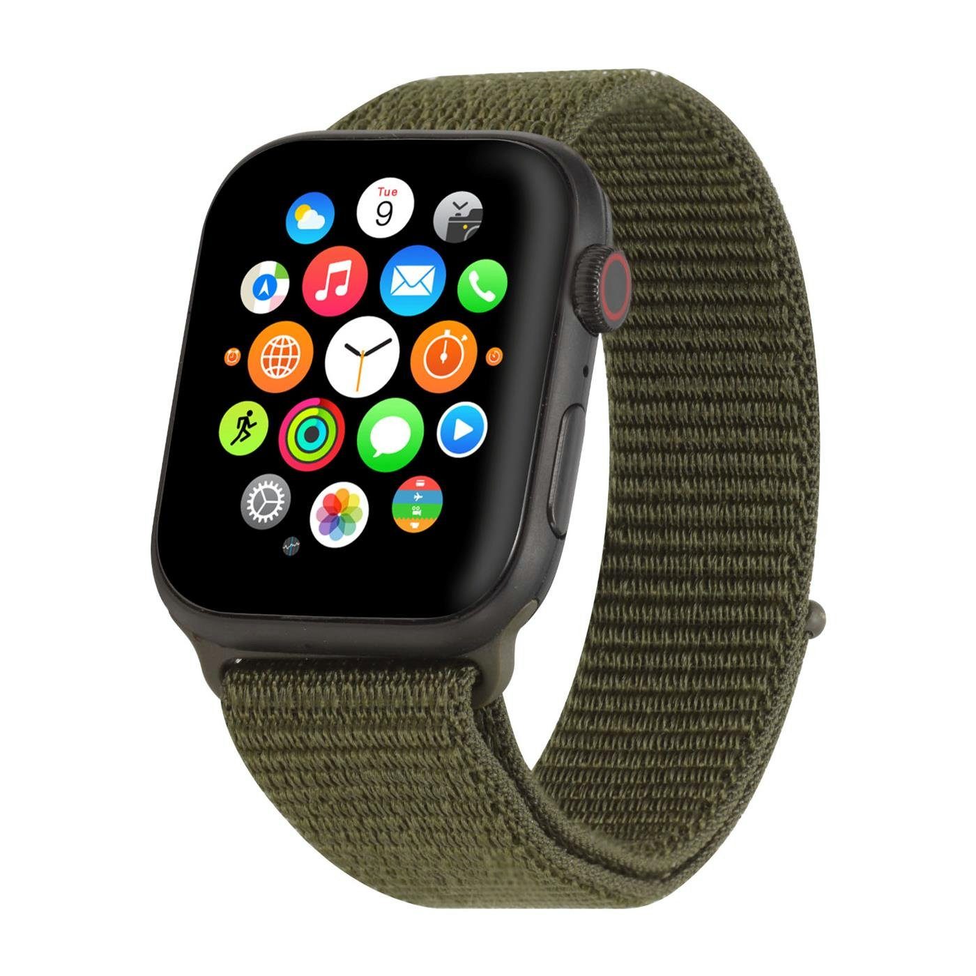 Klettverschluss Apple 45mm Uhren Smartwatch-Armband Gehäuse, Dunkelgrün mit Stoff Band Serie 7 mit Nylon für Ersatz CoolGadget Watch