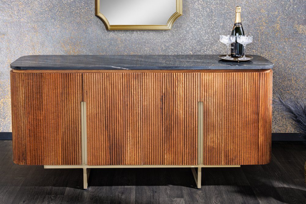 riess-ambiente Sideboard GATSBY 160cm braun / grau / gold (Einzelartikel, 1 St), Wohnzimmer · Massivholz · Metall · Marmor · Kommode · Retro Design