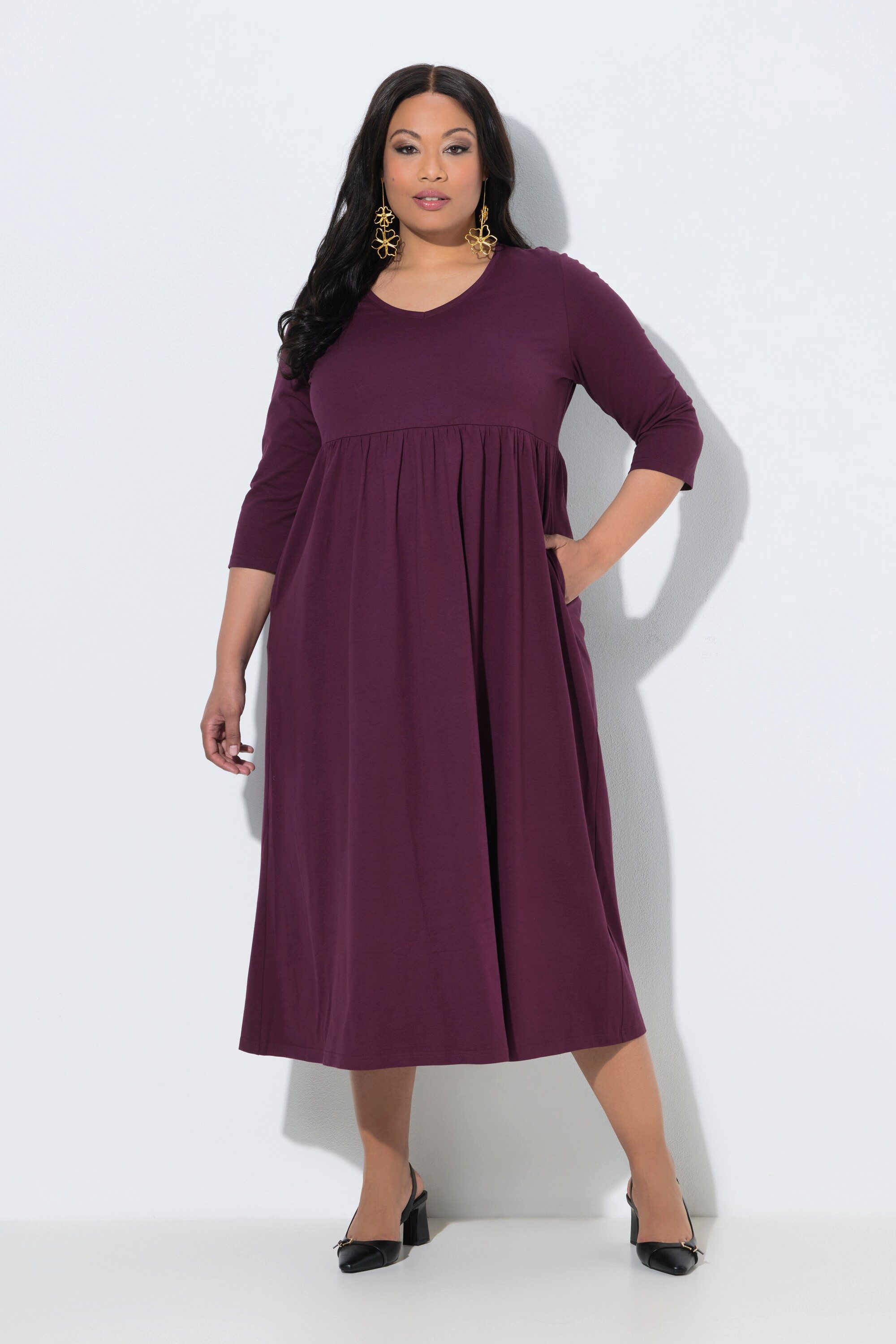 Maxikleid Jerseykleid Empirenaht V-Ausschnitt 3/4-Arm
