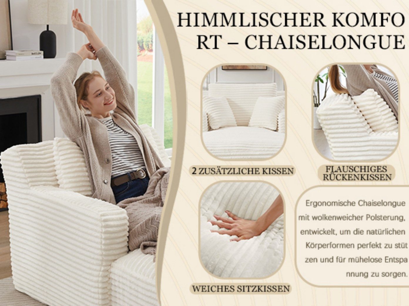 BlingBin Loungesofa Modernes Chaiselongue Sofa Chaiselongue-Sofa aus Cord, ohne Montage mit Taschenfederkern & Schaumstoffpolsterung 1 Teile, stilvolles 1-Sitzer-Liegesofa für Wohnzimmer, Büro oder Apartment