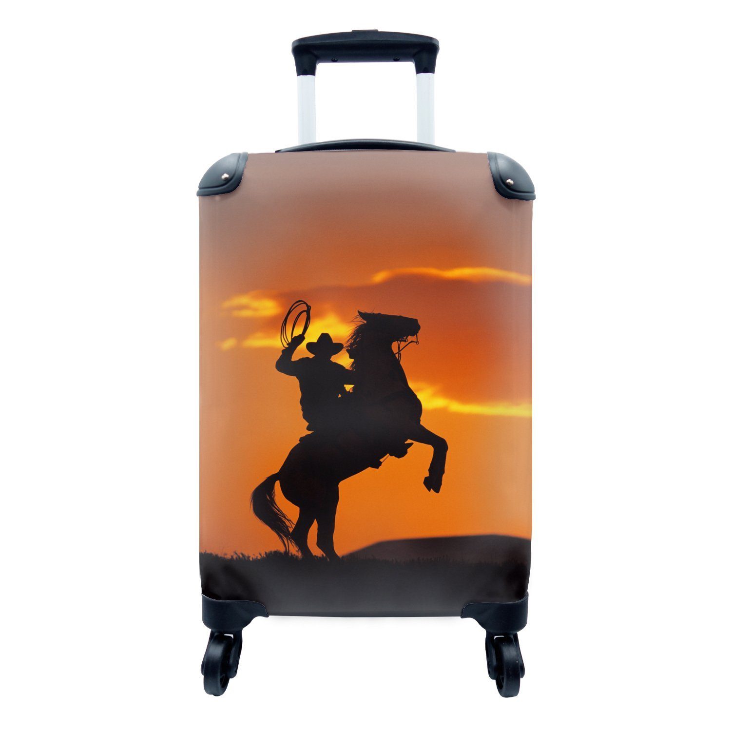 MuchoWow Handgepäckkoffer Silhouette eines Cowboys auf dem Pferderücken, der tänzelt, 4 Rollen, Reisetasche mit rollen, Handgepäck für Ferien, Trolley, Reisekoffer