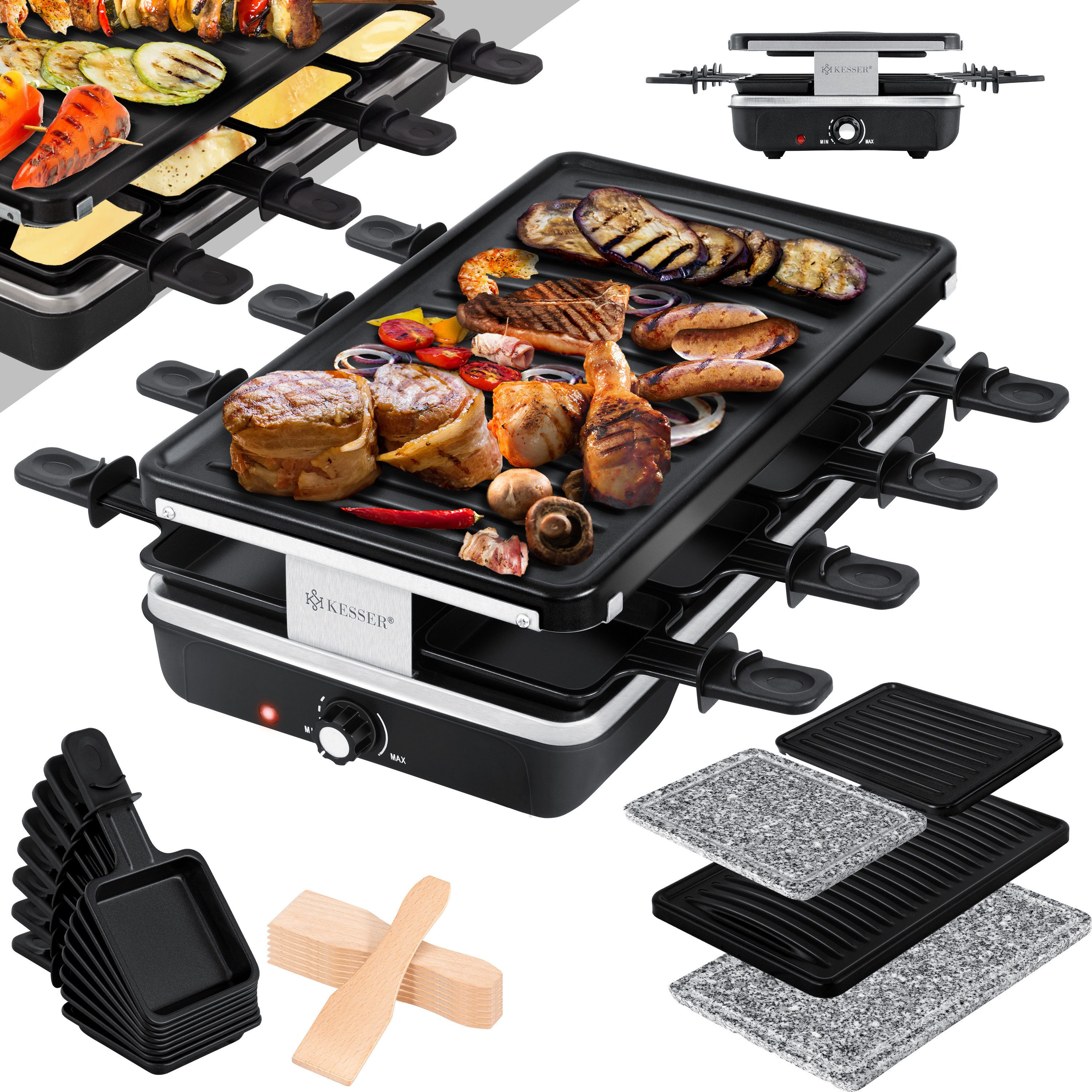 KESSER Раклетници, 8 Раклетнициpfännchen, 1200 W, Раклетници-Grill mit Naturgrillstein, Grillplatte Tischgrill