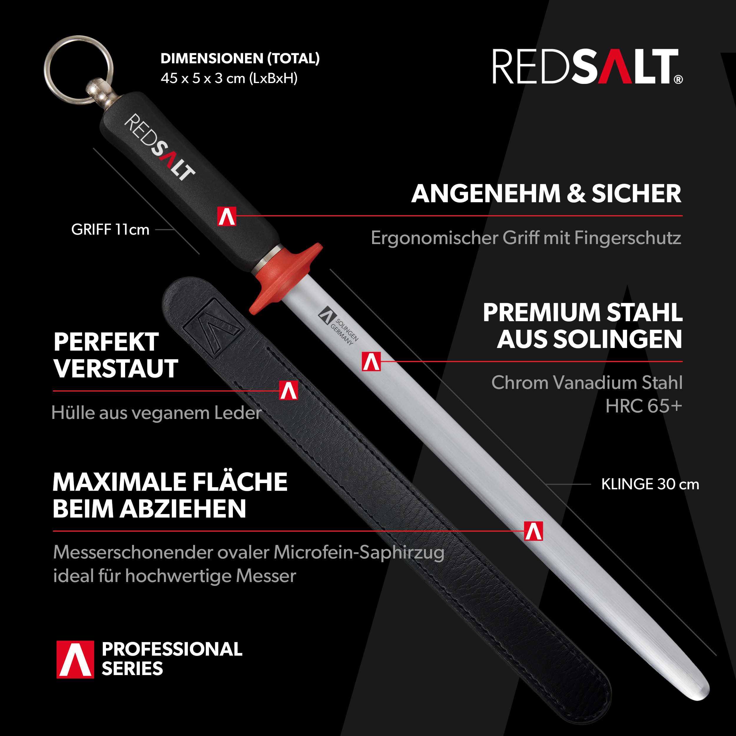 REDSALT® Wetzstahl Premium Wetzstahl ovaler Microfein Saphirzug für hochwertige Messer, Made in Solingen, HRC 65, Ergonomischer Griff, Ovaler Form, Laser Logo