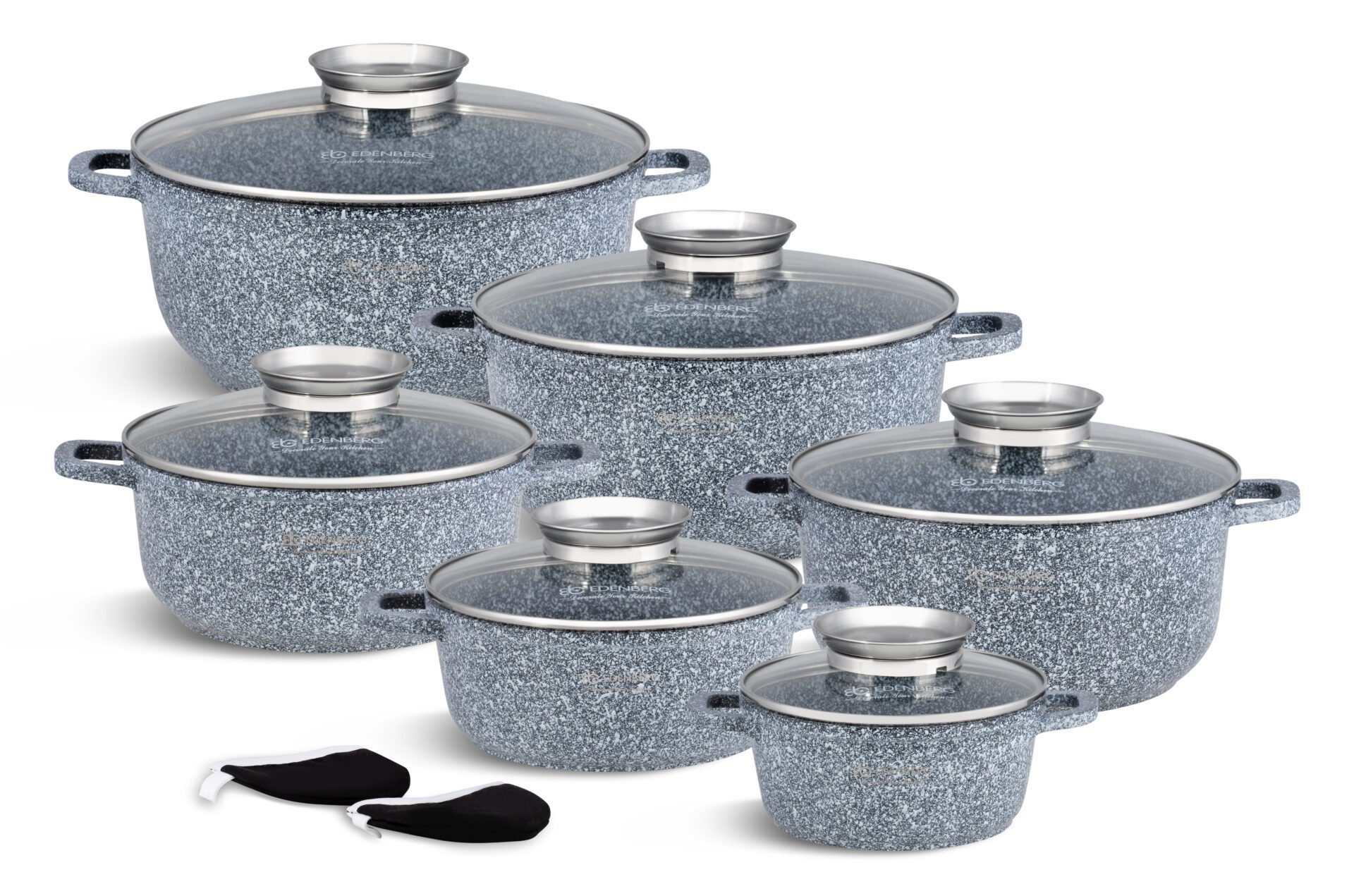 Edenberg Topf-Set Graue Töpfe Keramik-marmorbeschichtung Suppentopf, Kompotttopf, Aluminiumguss (sehr hochwertig, 12-tlg., Zeitloses Design des Topfsets. Eine ideale Geschenkidee)