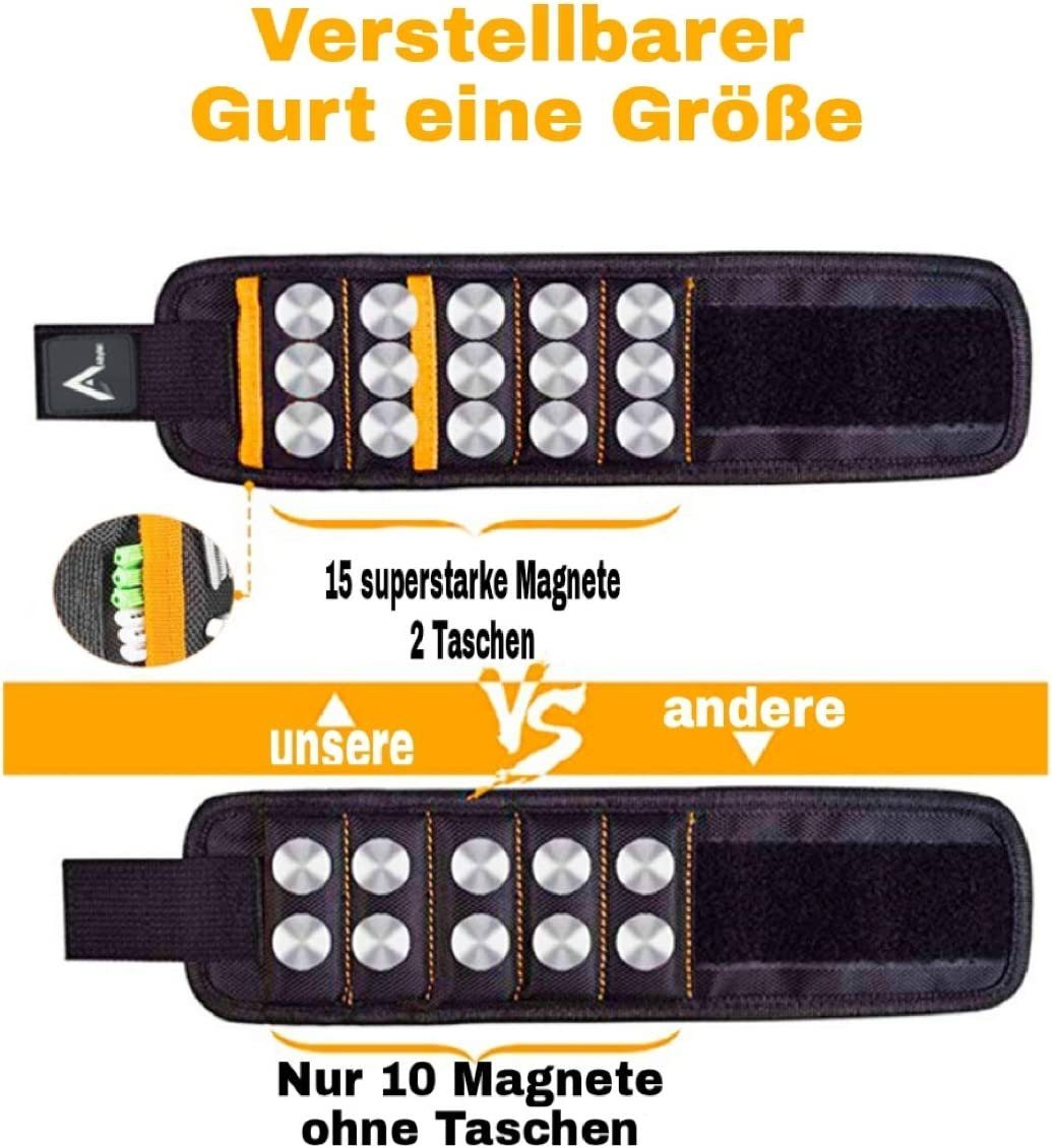Albyiat Magnet-Werkzeugleiste Magnetarmband für Handwerker 15 starke Magneten, ideale Geschenkidee, Magnetarmband-Set, starke Magneten, atmungsaktiv, verstellbar, langlebig, vielseitig