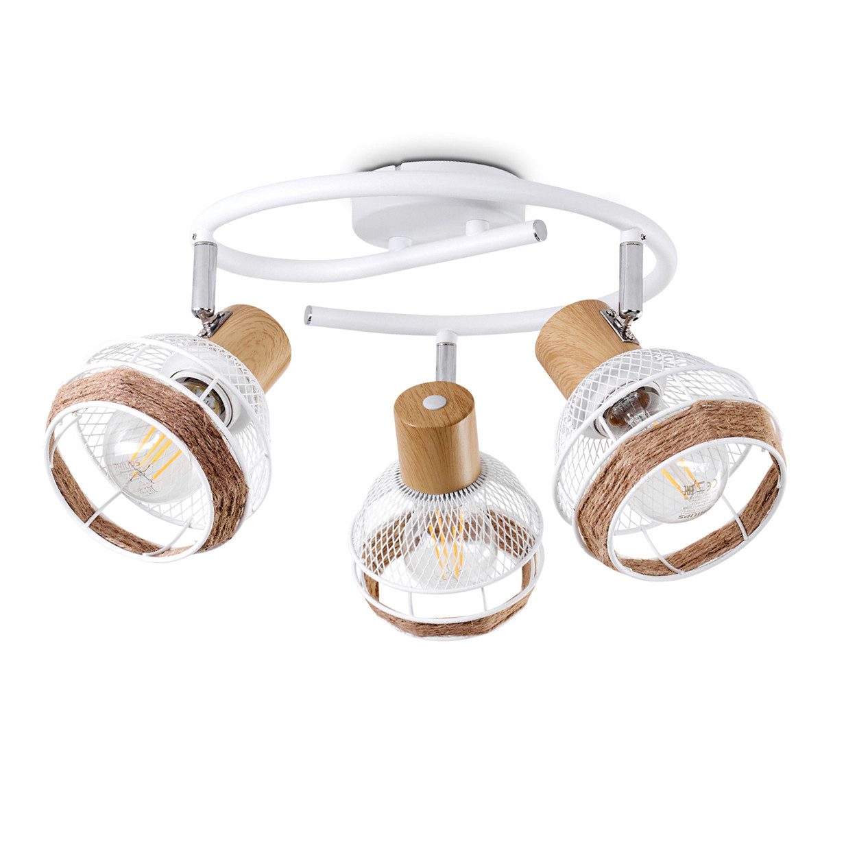 hofstein Deckenleuchte »Nalles« runde Deckenlampe aus Metall/Holz/Hanfseil, Weiß/chrom/Natur, ohne Leuchtmittel, Lampenschirme dreh-/schwenkbar, 3xE27, Gitter-Optik