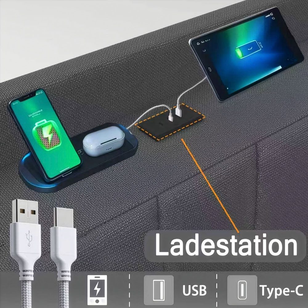 HOME DELUXE Polsterbett LED Bett - MELURA 140/160/180 (1-tlg), Integrierte USB-A und USB-C Anschlüsse, schwebend, Bettgestell