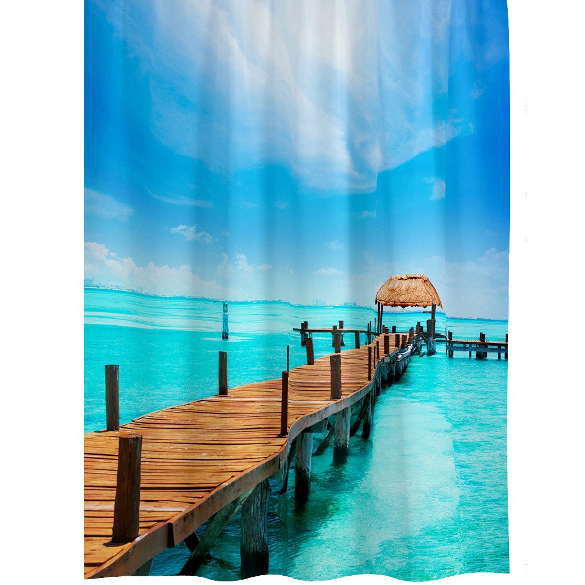 Ekershop Duschvorhang Textil Digitaldruck MALEDIVEN PIER für Duschstange Breite 240 cm (inkl. Ringe), Höhe 200 cm, wasserabweisend, waschbar, bügelbar