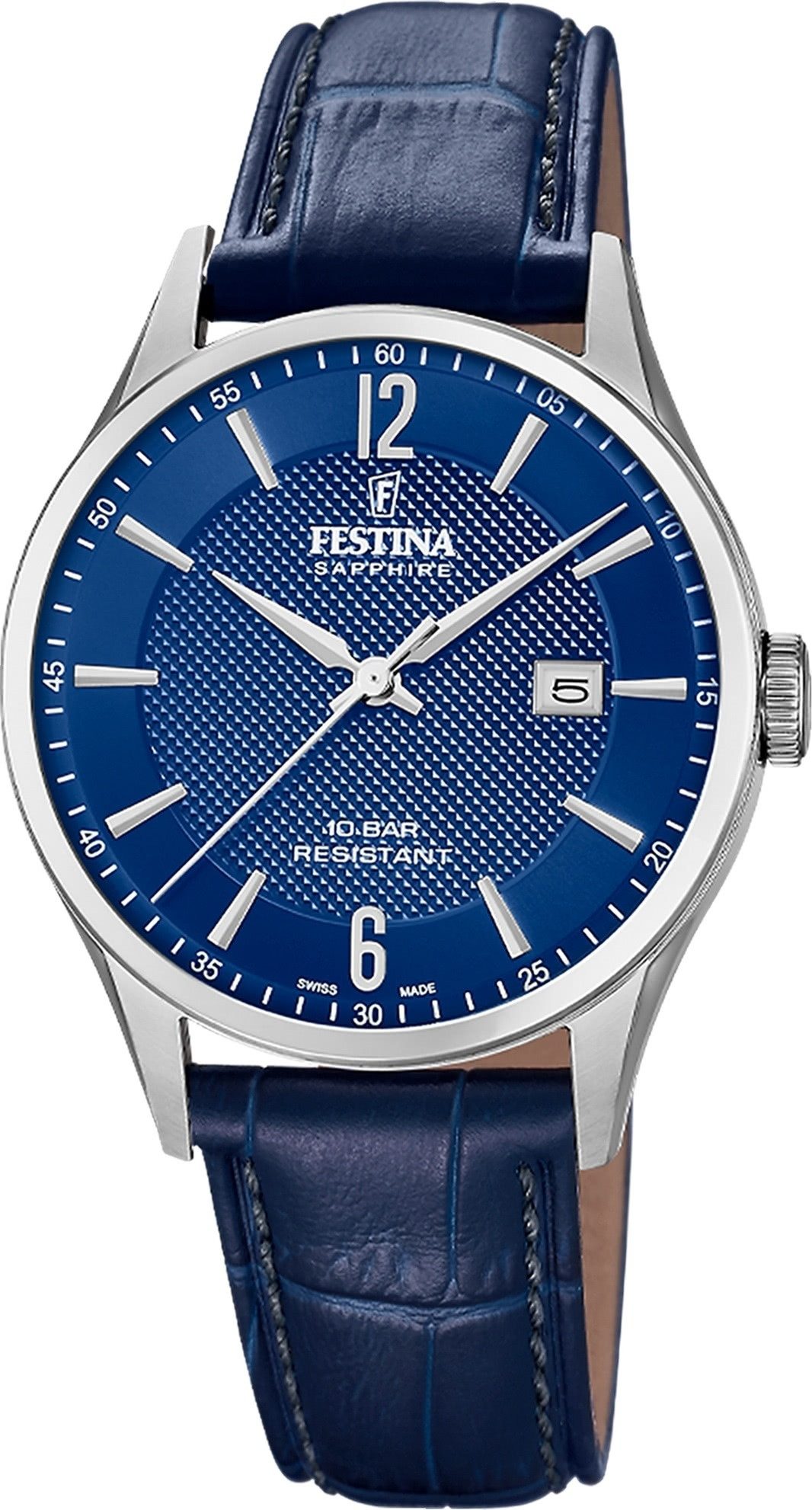 Festina Quarzuhr Festina Herrenuhr Swiss Made Armbanduhr, (Analoguhr), Herren Armbanduhr rund, Lederarmband blau, Elegant
