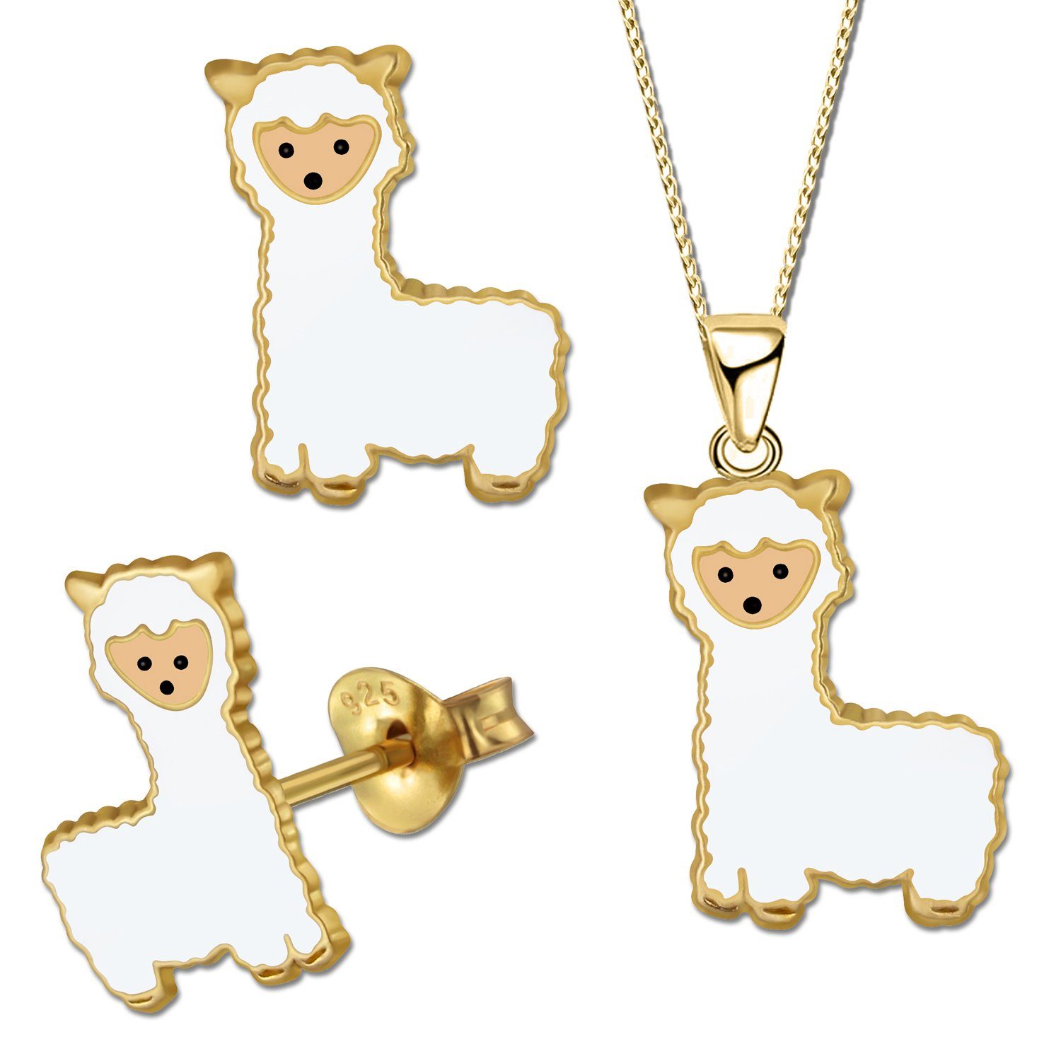 Limana Schmuckset echt 925 Sterling Silber Alpaka Lama Kette mit Ohrringe Ohrstecker, Kinderschmuck Geschenk Idee Gold Rosegold Rotgold K723 K680 + 42cm Gold