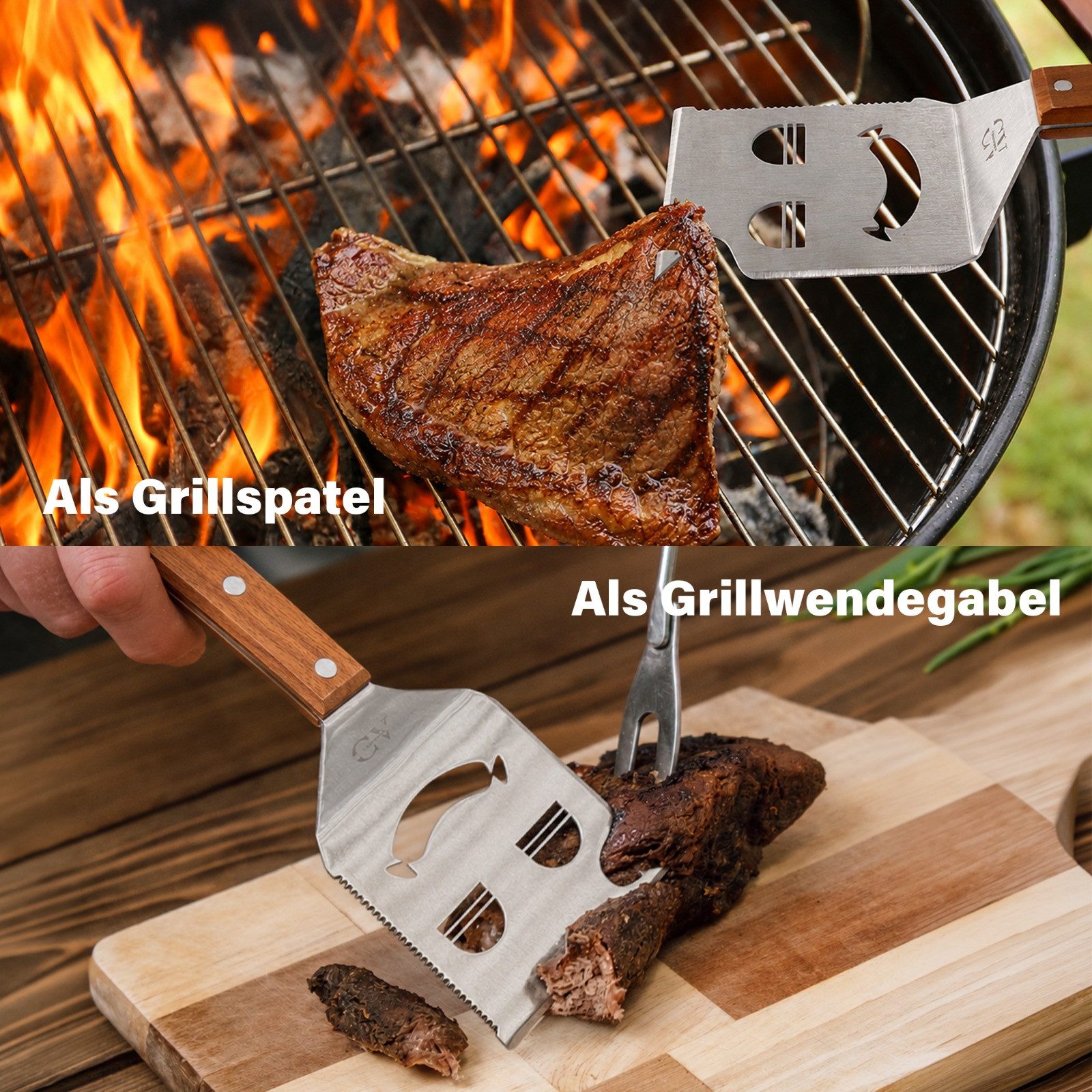 Cozyvibe Grillbesteck-Set 7 in 1 BBQ Grillspachtel mit Flaschenöffner, Camping & Grill Zubehör, (Grillwerkzeug Grillbesteck Edelstahl Holzgriff, Grillgeschenk Männer, 1 tlg., 1 Stück, ideal für Holzkohlegrill, Gasgrill und Grillplatte geeignet), Entworfen in Deutschland, 7-in-1 Multifunktion, bruchsicheres Z-Design