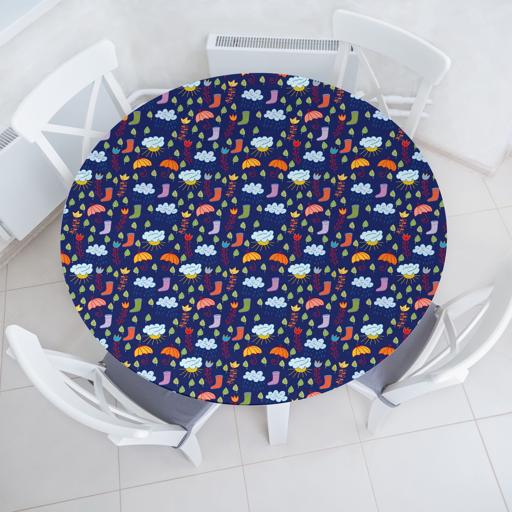 Abakuhaus Tischdecke Rundum-elastische Stofftischdecke, Regen Stiefel Wolken Blumen Blätter