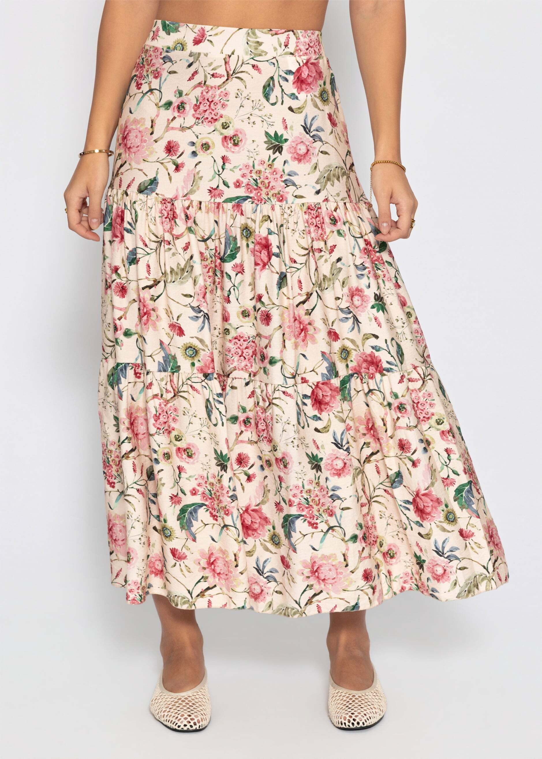 SASSYCLASSY Maxirock Maxi Rock mit Blümchendruck für Damen Fließender Rock mit angesetzten Stufen im luftigen Fall Beige