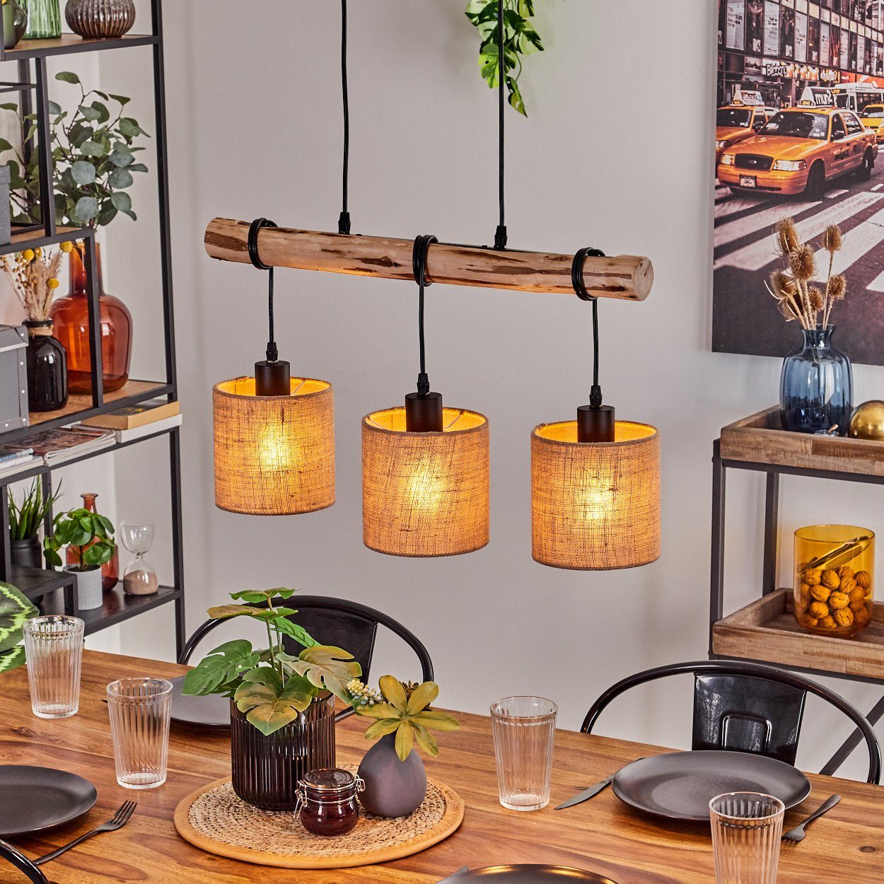 hofstein Pendelleuchte moderne Hängelampe aus Holz/Metall/Leinen in Natur/Schwarz/Beige, ohne Leuchtmittel, Hängeleuchte im skandinavischen Design, 3x E27, ohne Leuchtmittel
