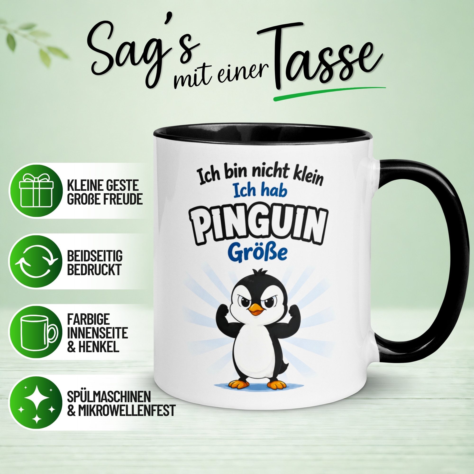 Momentals Tasse Pinguin – „Ich bin nicht klein“ – lustiger Geschenk Becher mit Pinguin, Gratis Versand · Links-&Rechtshänder · Spülmaschinenfest