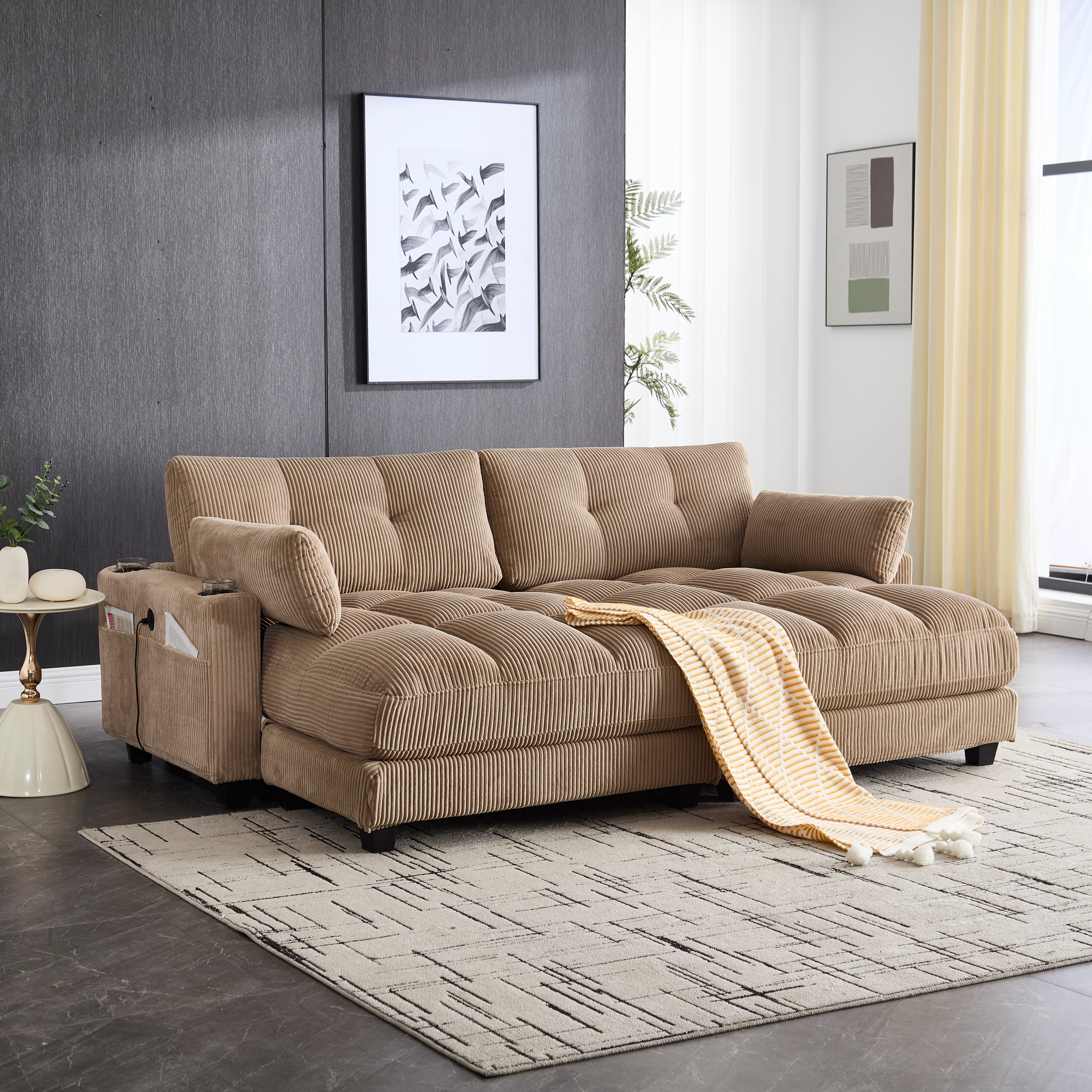 KLAM HOME Schlafsofa Ecksofa Palmensessel Relaxsofa Polstermöbel mit 2Becherhaltern&USB, mit eine Seitentaschen, Cordstoff, Sitzsack mit rollenden polstern, Perfekt für Wohnzimmer, Schlafzimmer, Jugendzimmer, Gästezimmer